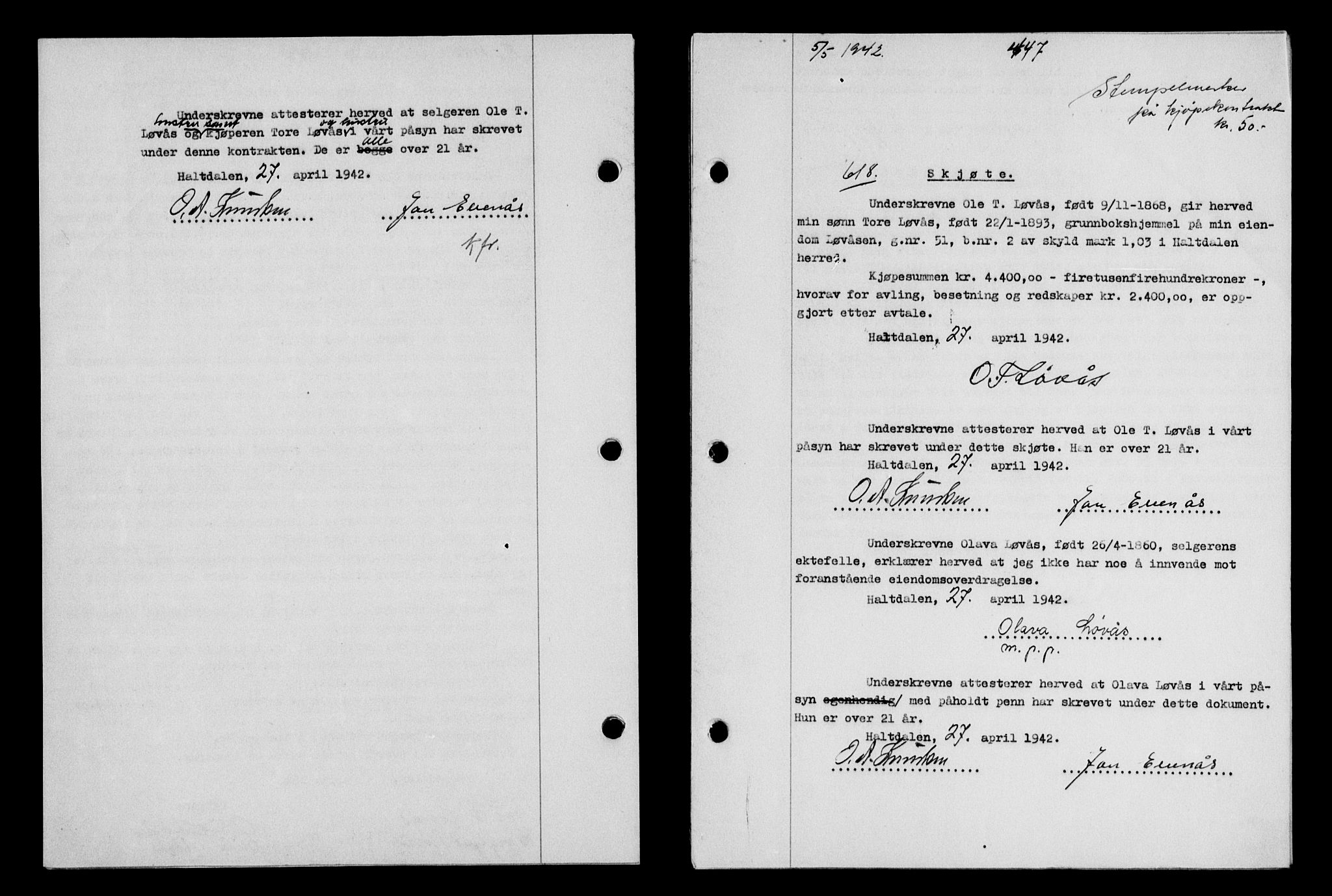 Gauldal sorenskriveri, SAT/A-0014/1/2/2C/L0054: Pantebok nr. 59, 1941-1942, Dagboknr: 618/1942