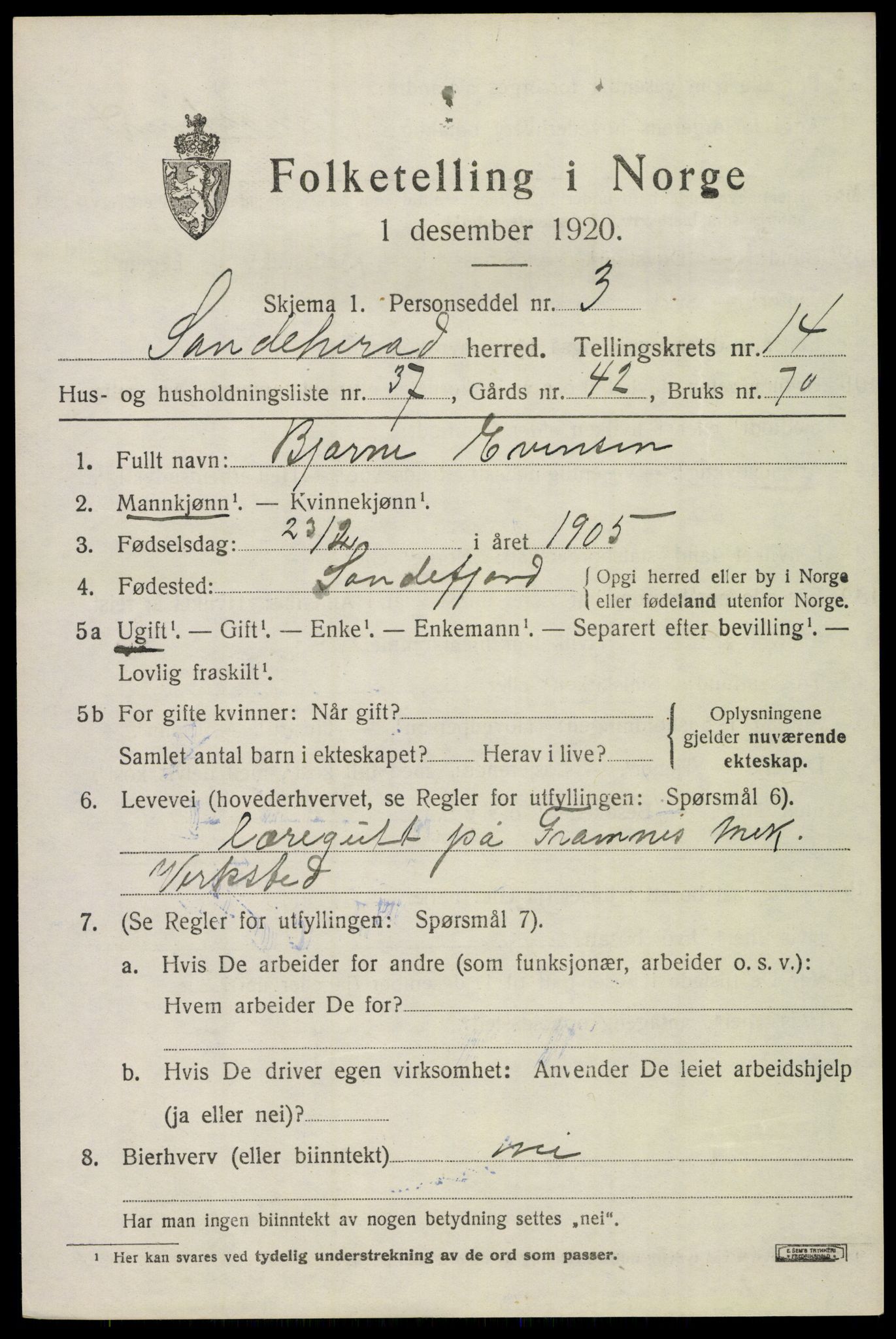 SAKO, Folketelling 1920 for 0724 Sandeherred herred, 1920, s. 20684