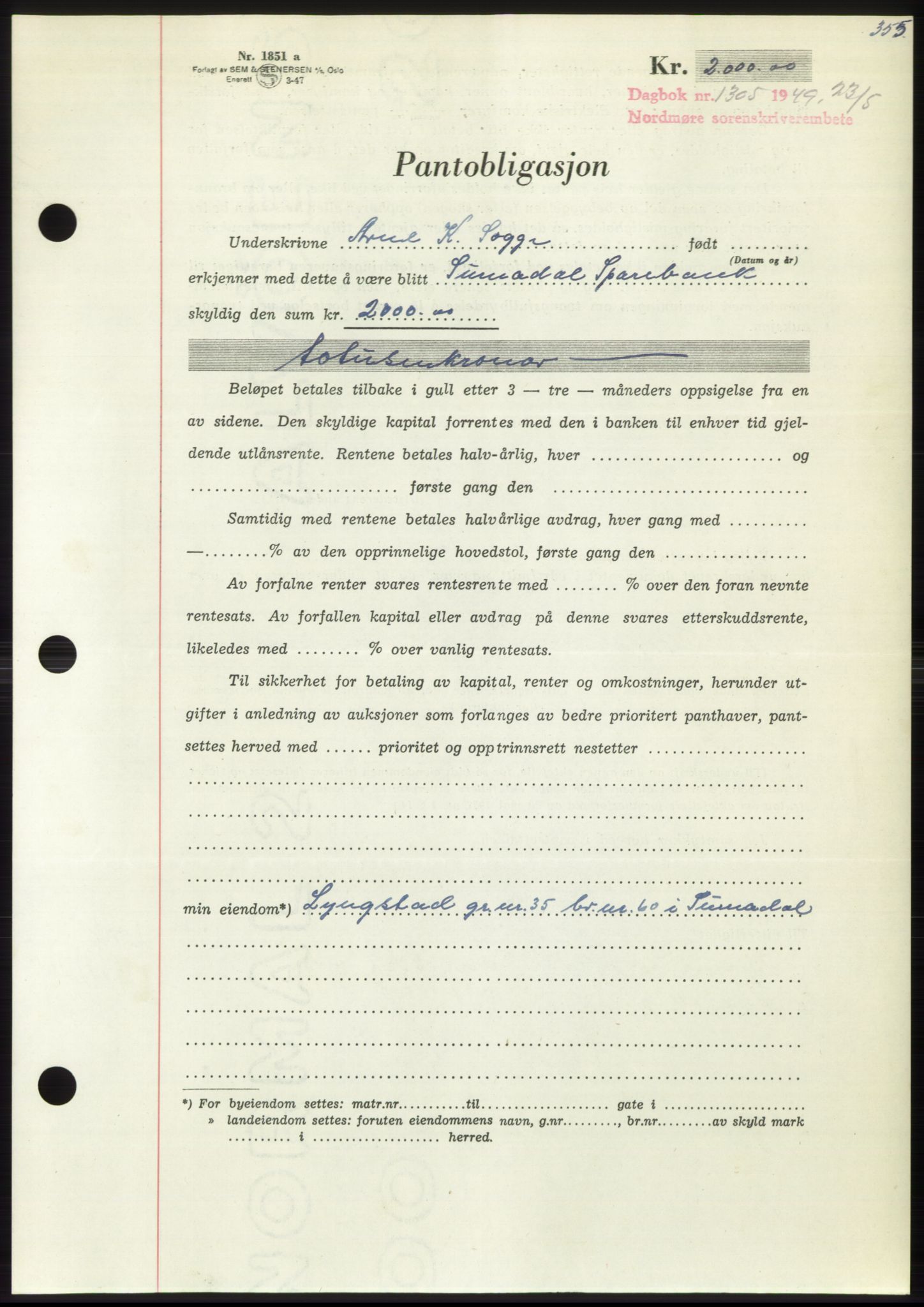 Nordmøre sorenskriveri, SAT/A-4132/1/2/2Ca: Pantebok nr. B101, 1949-1949, Dagboknr: 1305/1949