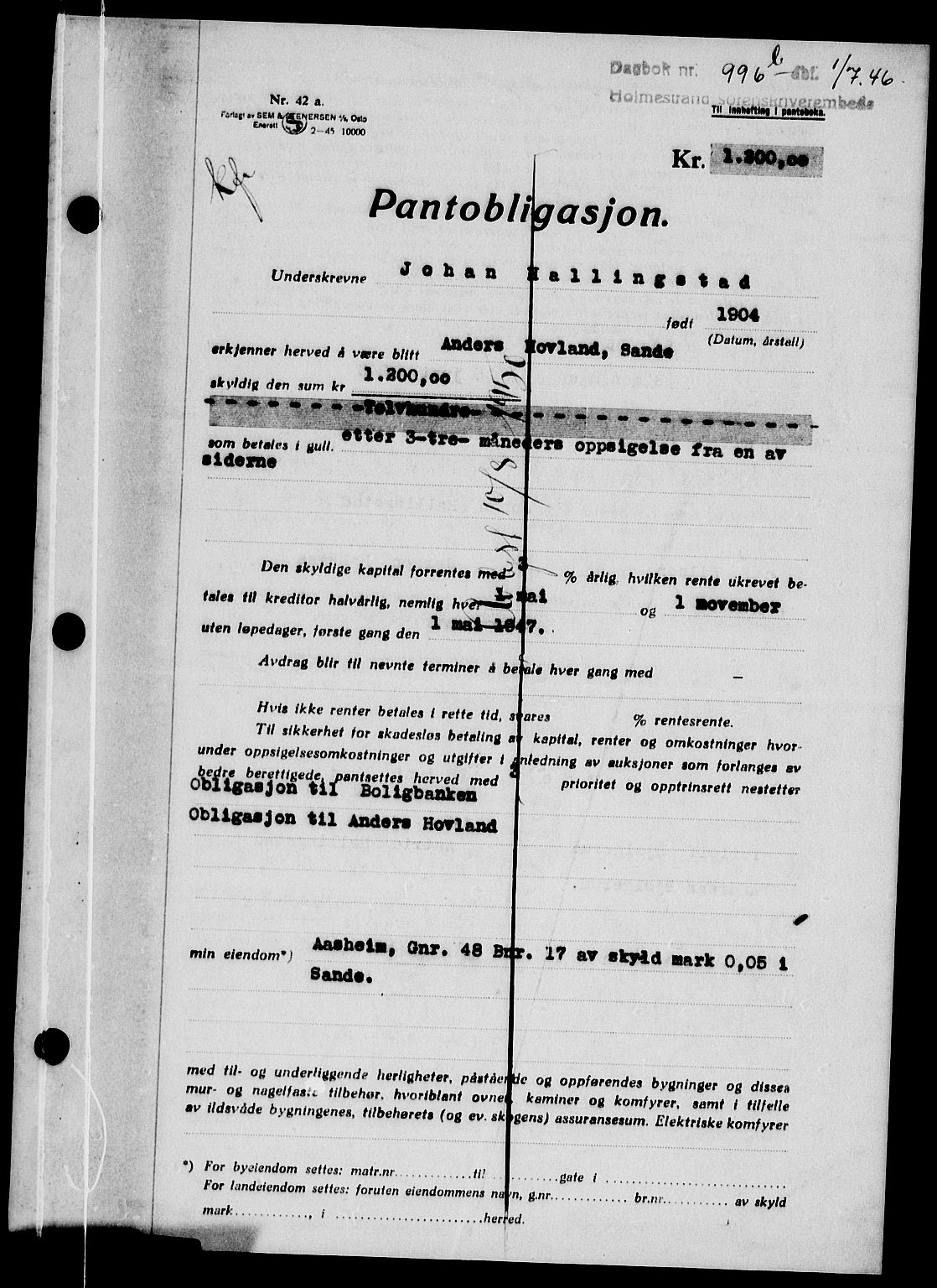 Holmestrand sorenskriveri, SAKO/A-67/G/Ga/Gab/L0056: Pantebok nr. B-56, 1946-1947