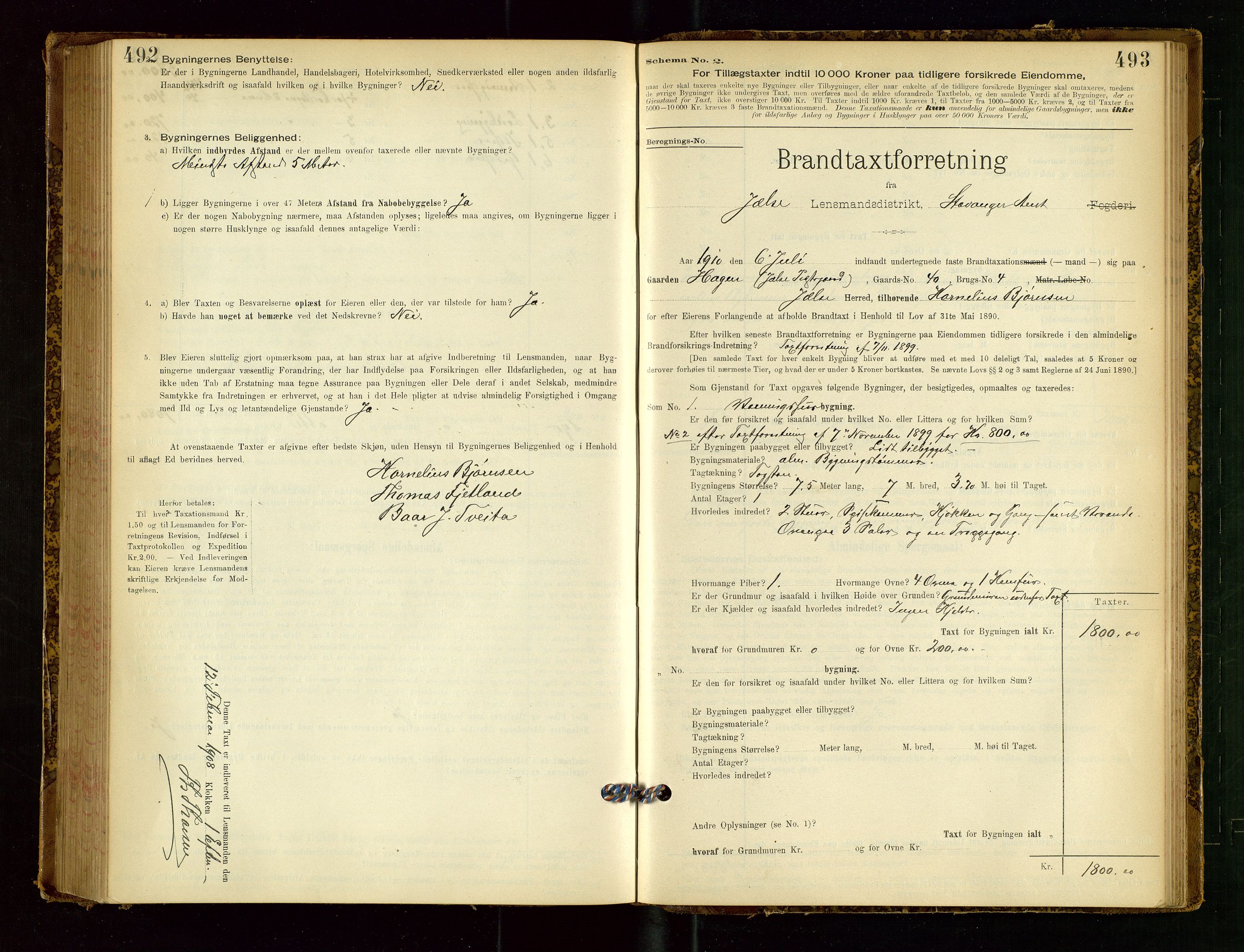 Jelsa lensmannskontor, SAST/A-100360/Gob/L0001: "Brandtaxationsprotocol", 1895-1918, s. 492-493