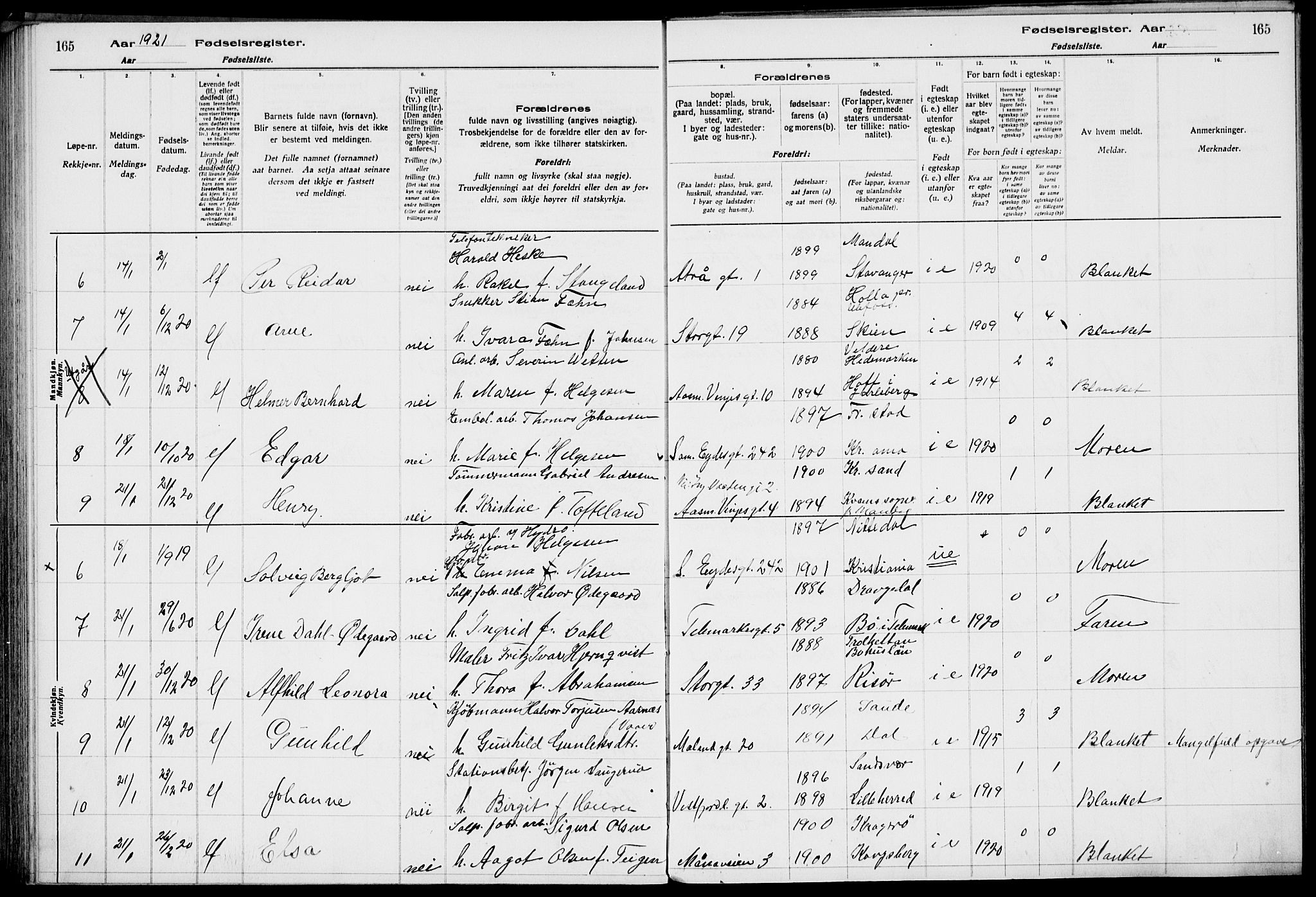 Rjukan kirkebøker, AV/SAKO-A-294/J/Ja/L0001: Fødselsregister nr. 1, 1916-1922, s. 165