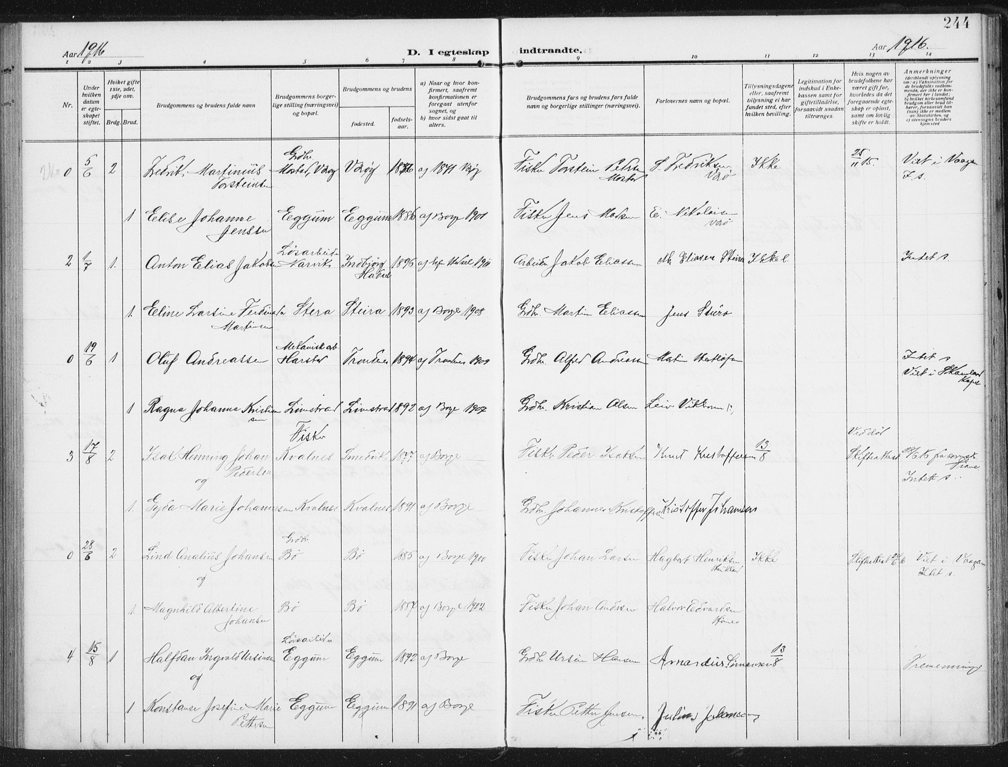 Ministerialprotokoller, klokkerbøker og fødselsregistre - Nordland, AV/SAT-A-1459/880/L1135: Ministerialbok nr. 880A09, 1908-1919, s. 244