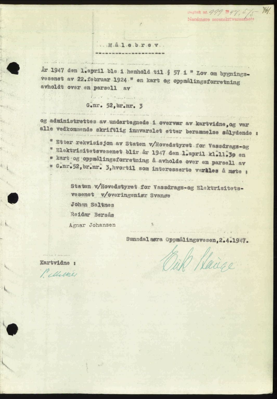 Nordmøre sorenskriveri, SAT/A-4132/1/2/2Ca: Pantebok nr. A104, 1947-1947, Dagboknr: 999/1947