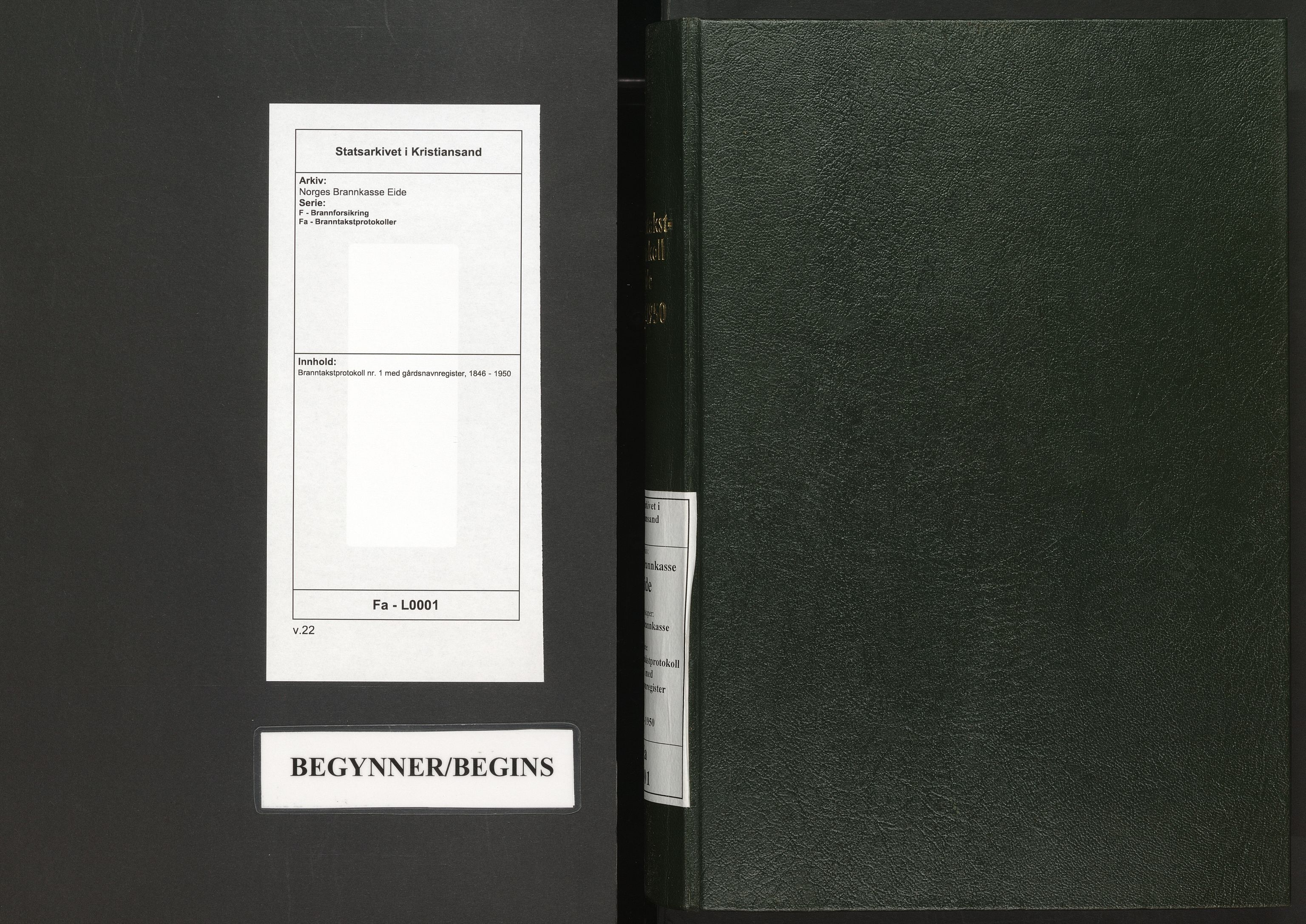 Norges Brannkasse Eide, SAK/2241-0009/F/Fa/L0001: Branntakstprotokoll nr. 1 med gårdsnavnregister, 1846-1950