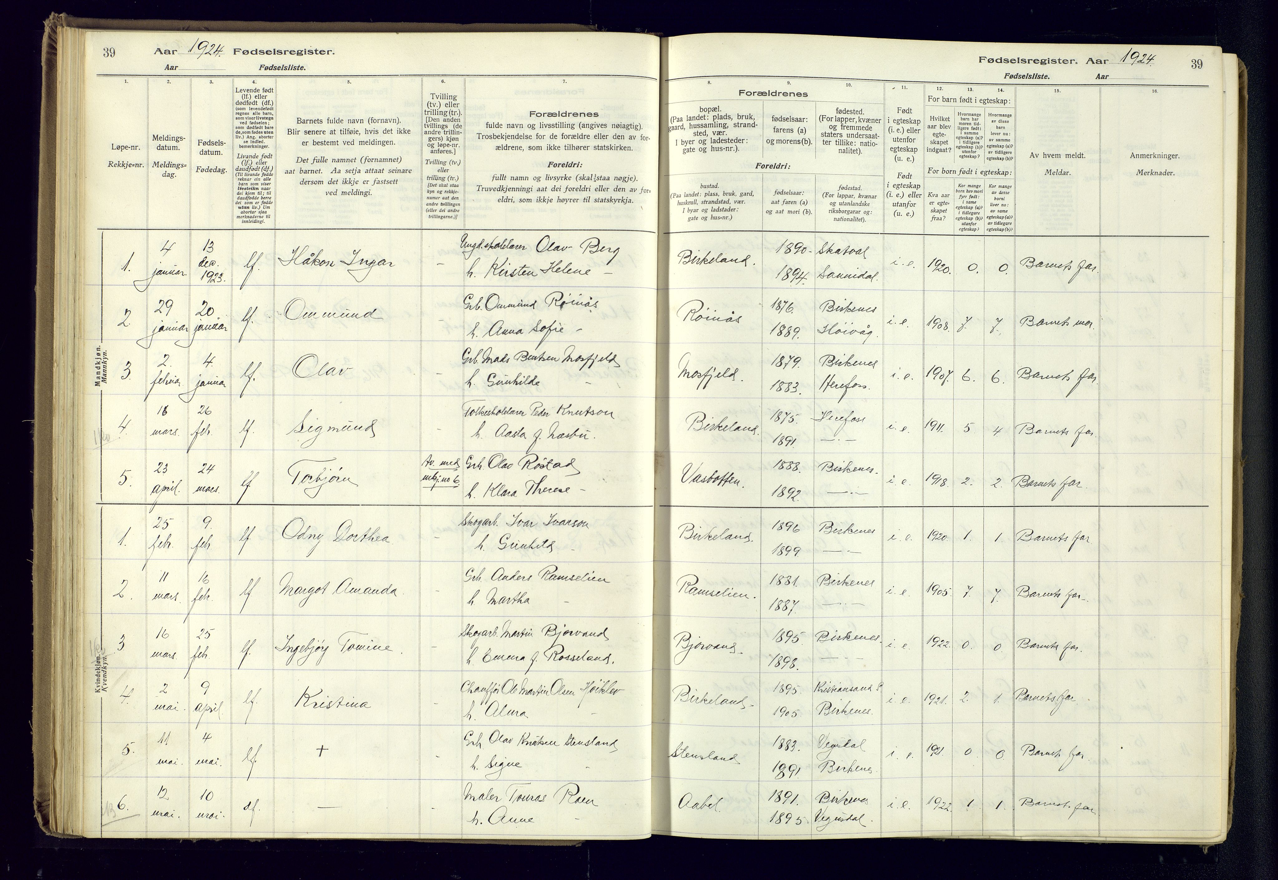 Birkenes sokneprestkontor, SAK/1111-0004/J/Ja/L0001: Fødselsregister nr. II.6.4, 1916-1962, s. 39