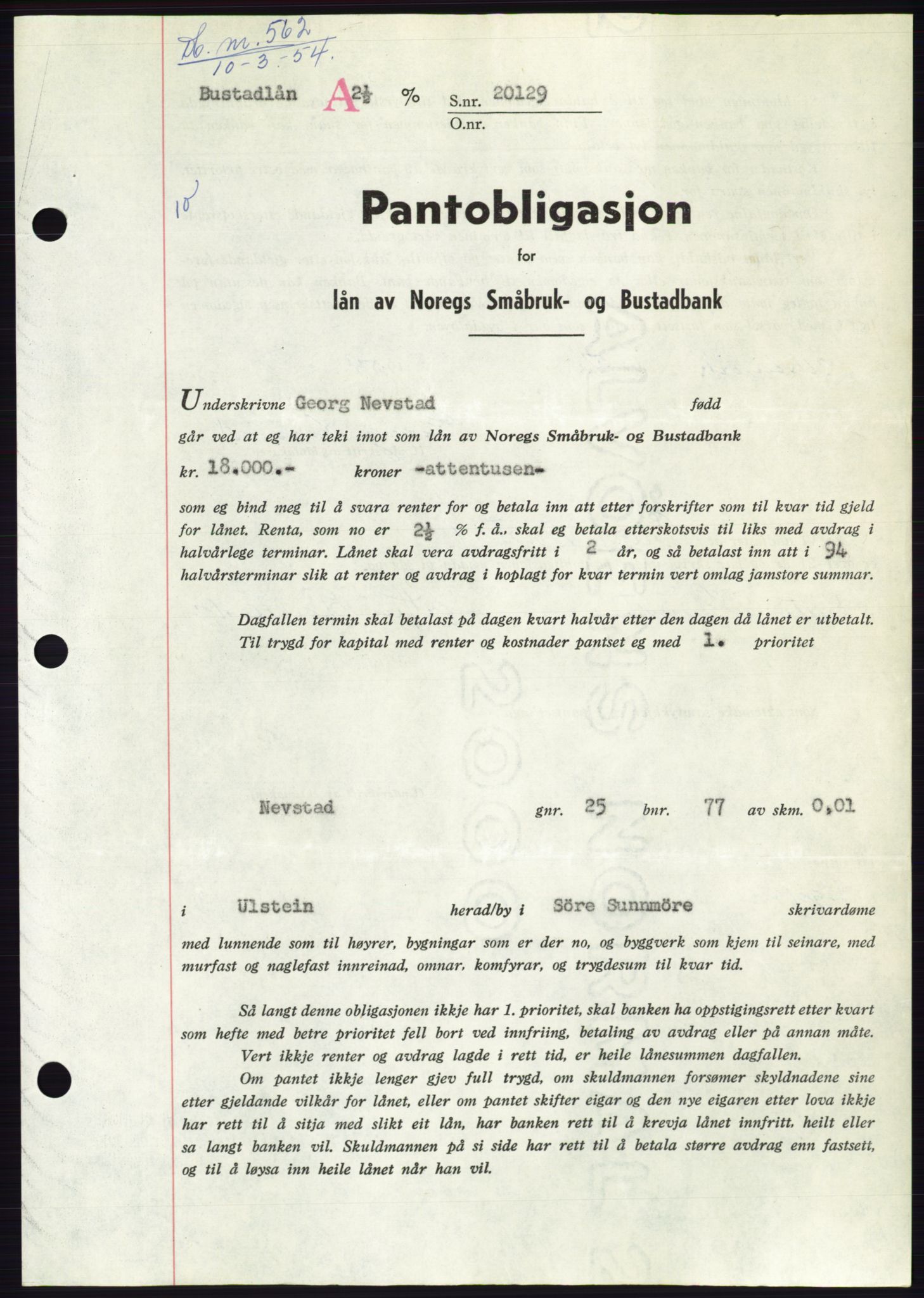 Søre Sunnmøre sorenskriveri, SAT/A-4122/1/2/2C/L0124: Pantebok nr. 12B, 1953-1954, Dagboknr: 562/1954