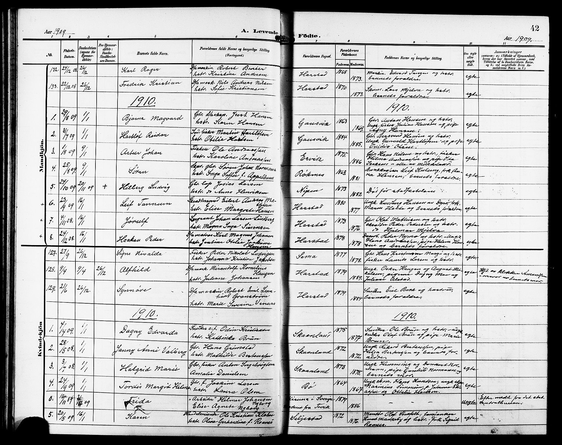 Trondenes sokneprestkontor, AV/SATØ-S-1319/H/Hb/L0012klokker: Klokkerbok nr. 12, 1907-1916, s. 42