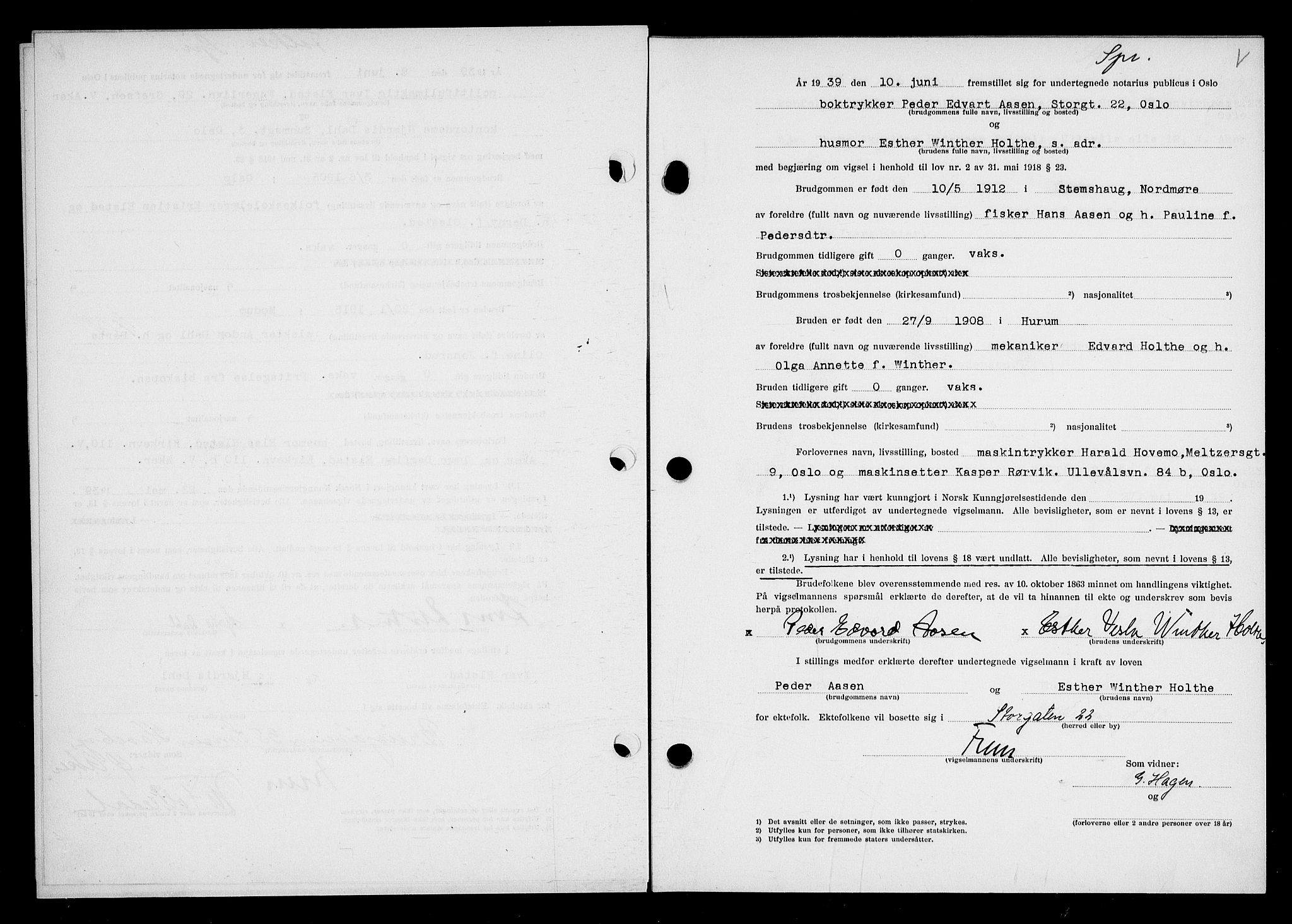 Oslo byfogd avd. I, AV/SAO-A-10220/L/Lb/Lbb/L0032: Notarialprotokoll, rekke II: Vigsler, 1939