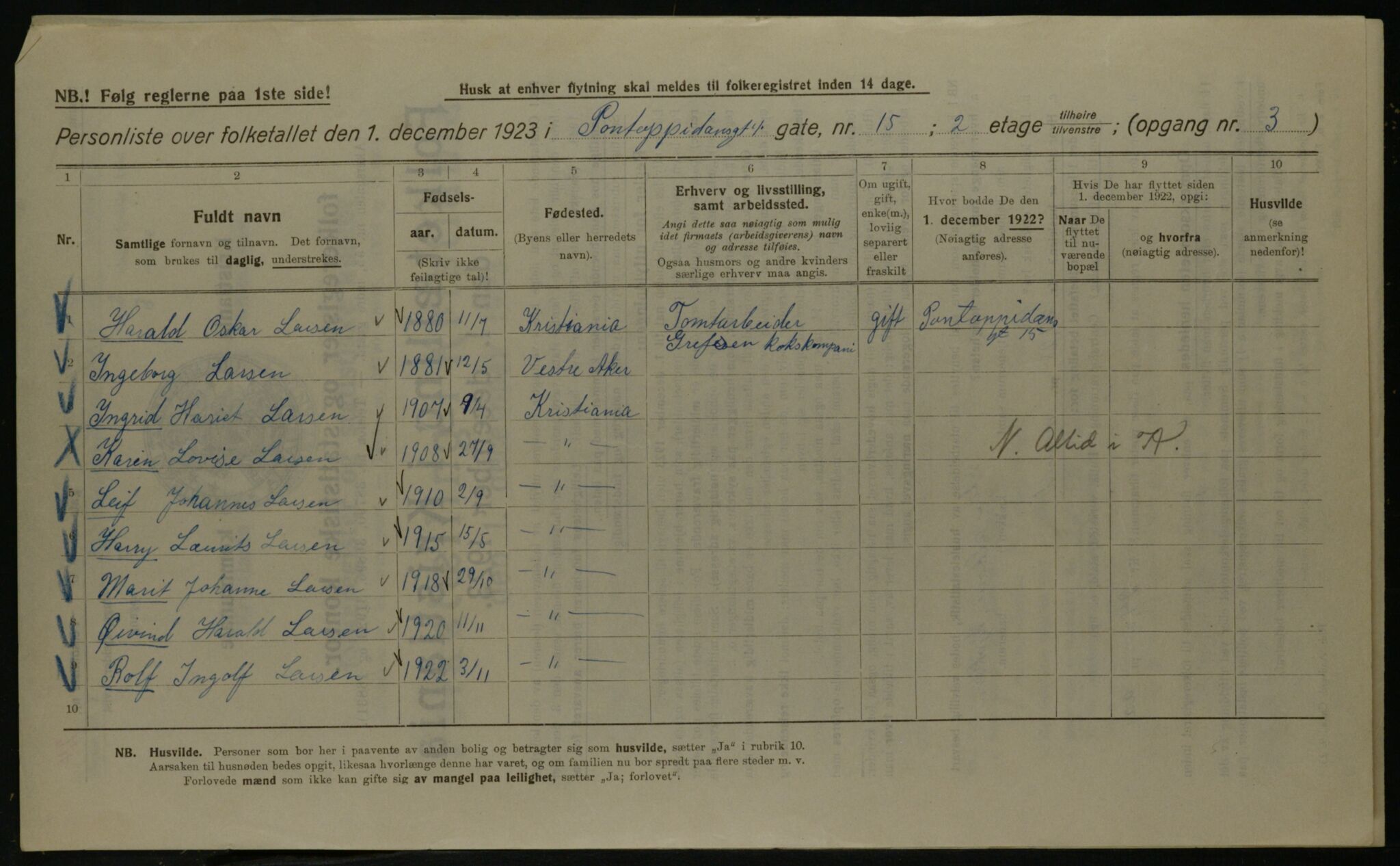 OBA, Kommunal folketelling 1.12.1923 for Kristiania, 1923, s. 89561