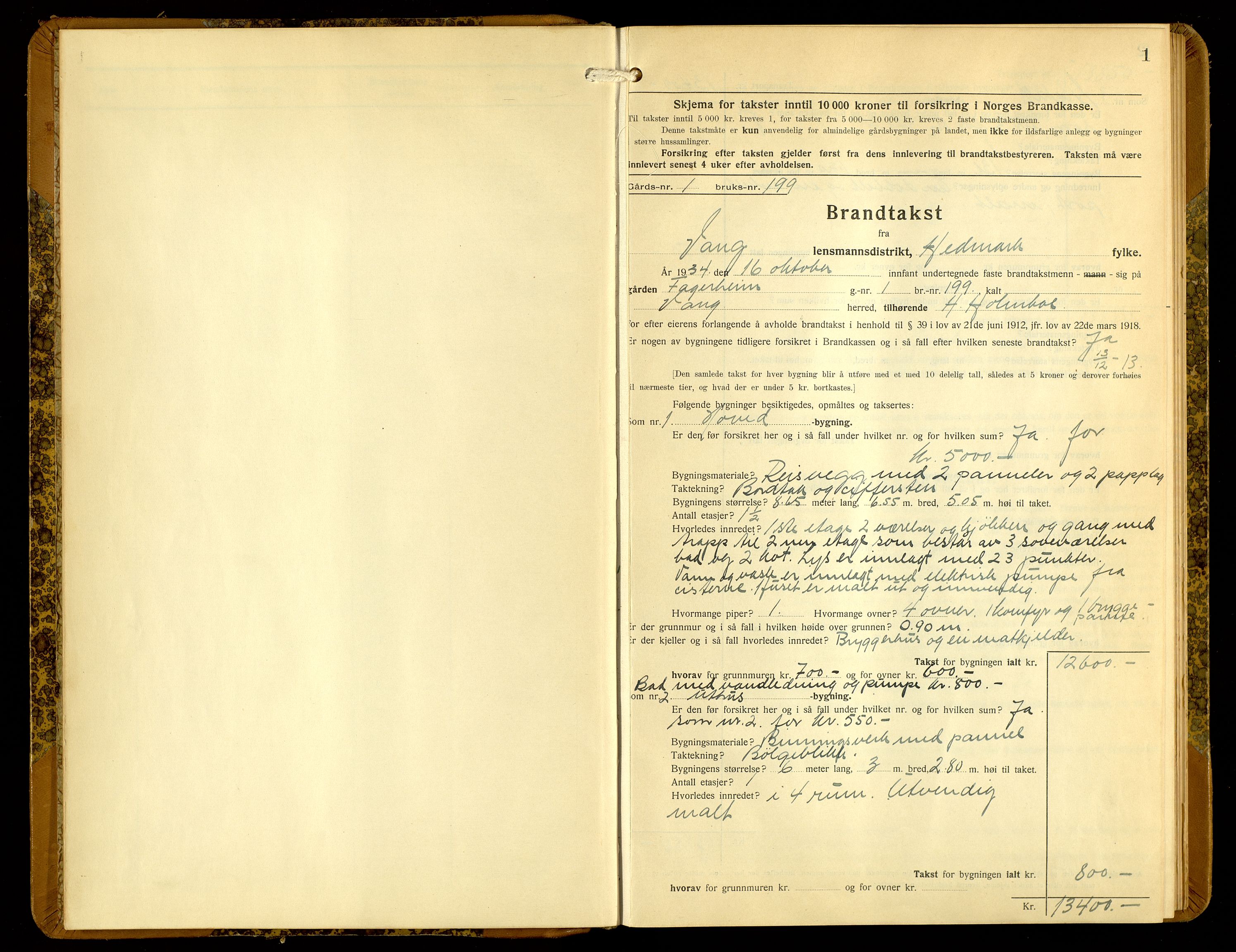 Norges Brannkasse, Vang, Hedmark, SAH/NBRANV-005/F/L0010: Branntakstprotokoll, 1934-1955, s. 1