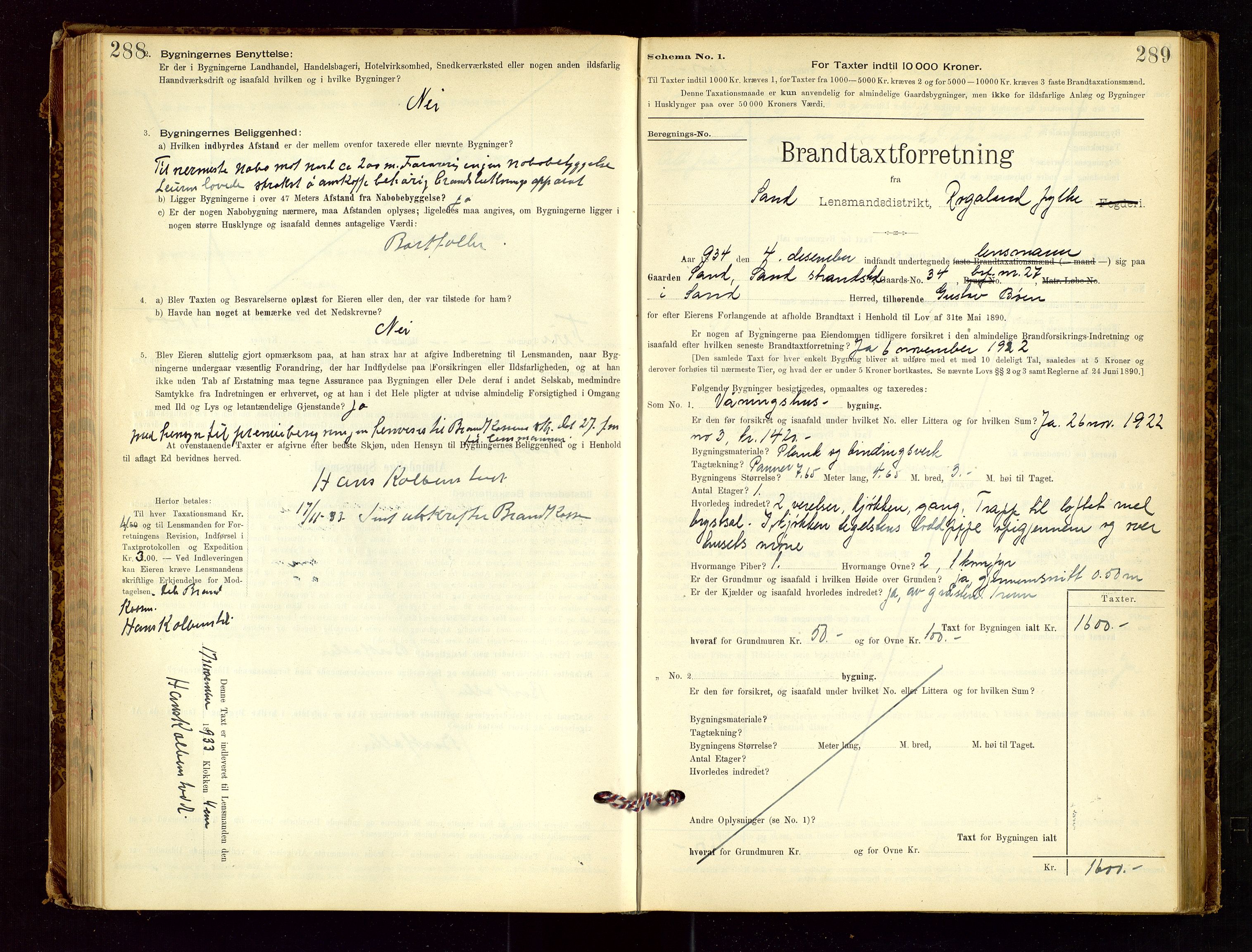 Sand lensmannskontor, AV/SAST-A-100415/Goc/L0001: "Brandtaxationsprotokol", 1895-1935, s. 288-289