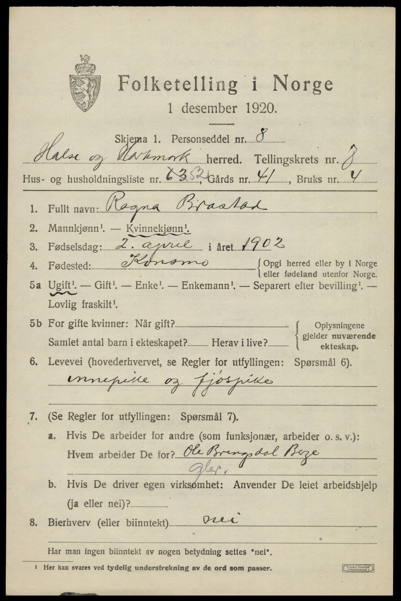 SAK, Folketelling 1920 for 1019 Halse og Harkmark herred, 1920, s. 4259