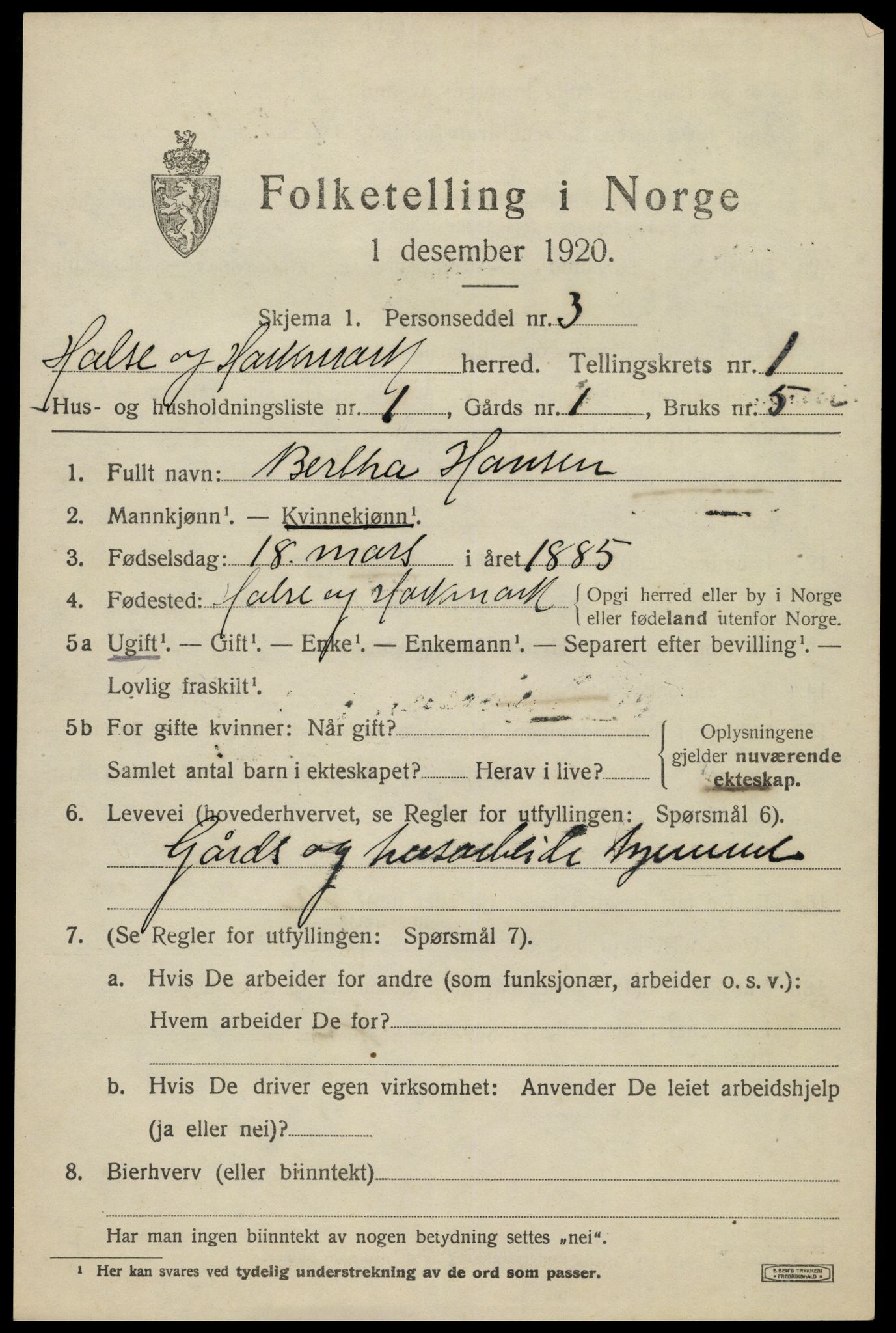 SAK, Folketelling 1920 for 1019 Halse og Harkmark herred, 1920, s. 1487