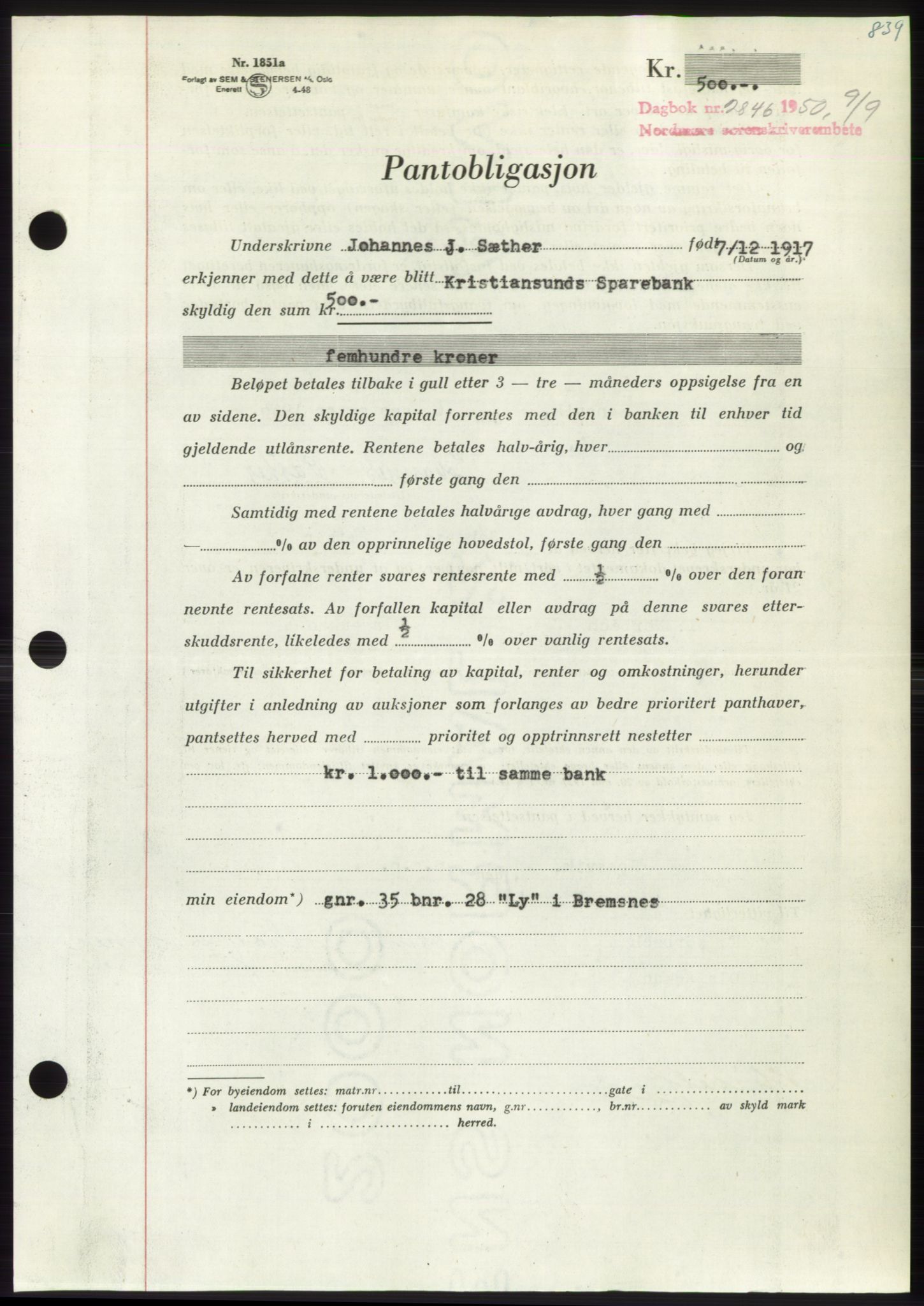 Nordmøre sorenskriveri, AV/SAT-A-4132/1/2/2Ca: Pantebok nr. B105, 1950-1950, Dagboknr: 2846/1950