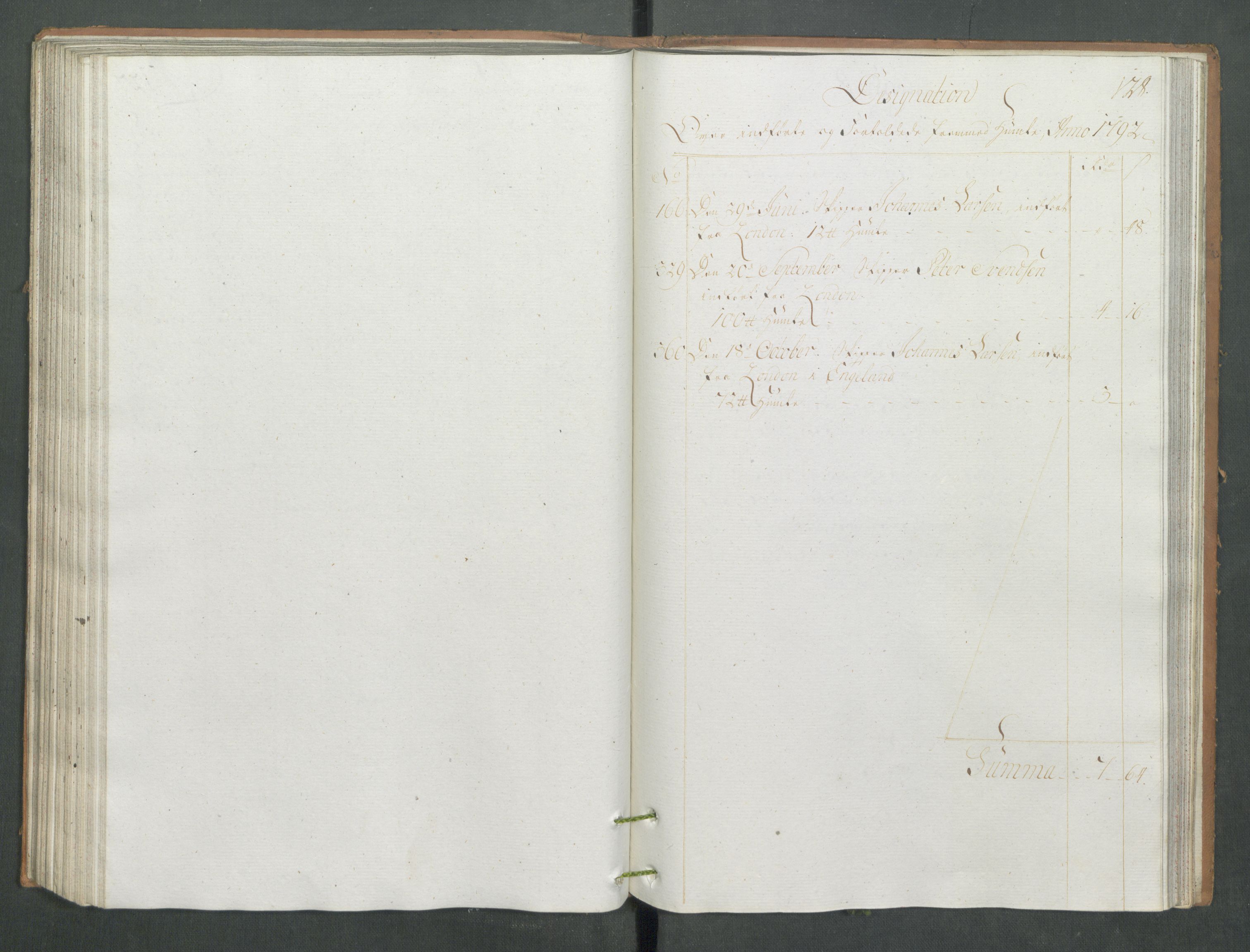 Generaltollkammeret, tollregnskaper, RA/EA-5490/R13/L0085/0001: Tollregnskaper Kragerø / Inngående tollbok, 1790-1792, s. 127b-128a