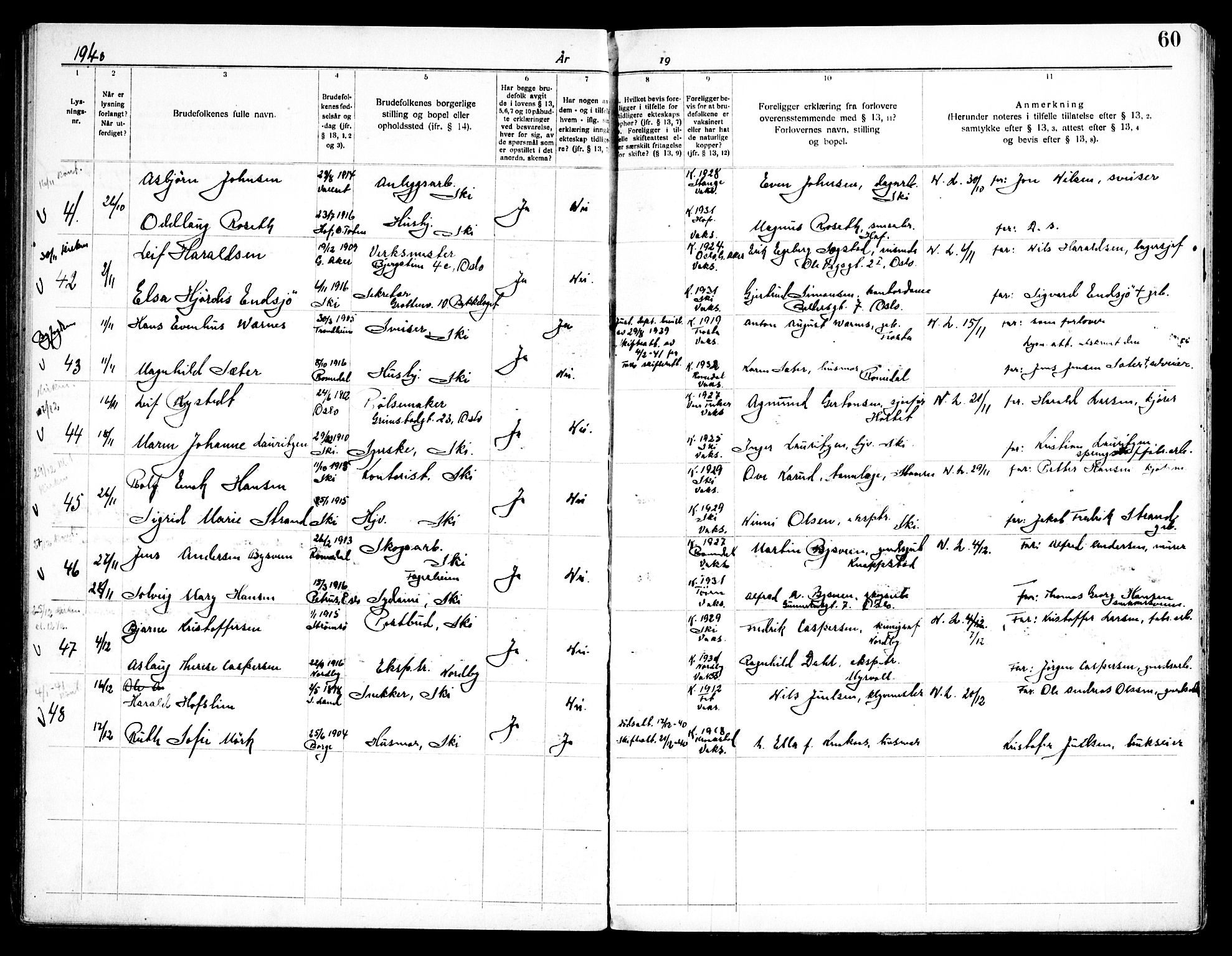 Kråkstad prestekontor Kirkebøker, AV/SAO-A-10125a/H/Hb/L0001: Lysningsprotokoll nr. II 1, 1919-1952, s. 60