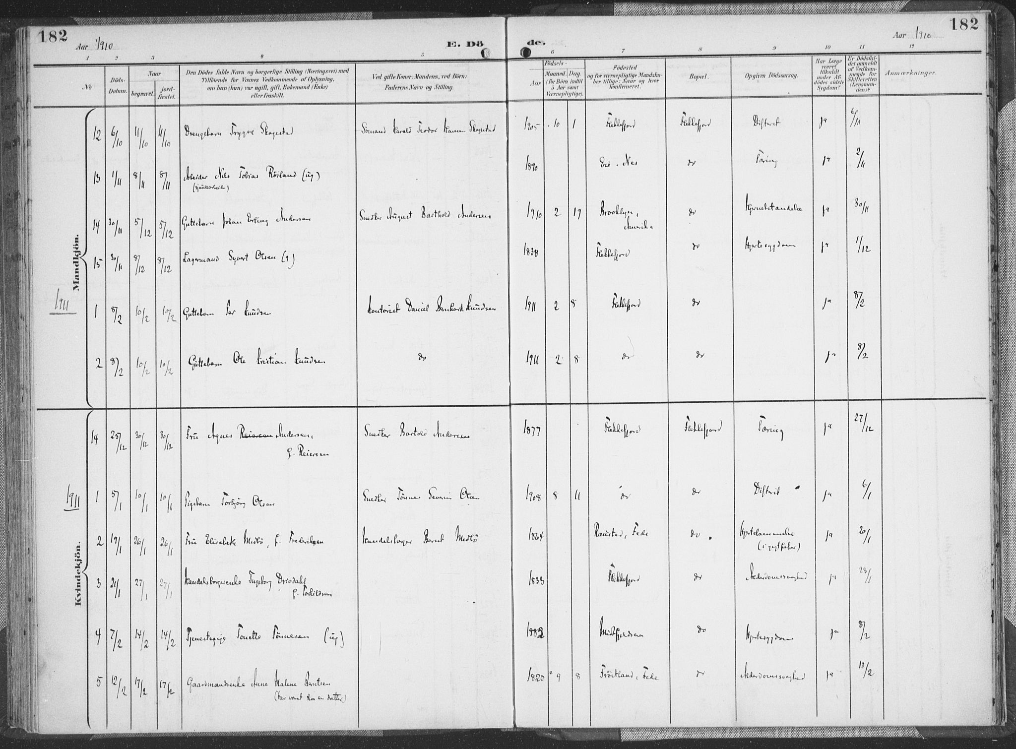 Flekkefjord sokneprestkontor, AV/SAK-1111-0012/F/Fa/Faa/L0002: Ministerialbok nr. A 2, 1900-1912, s. 182