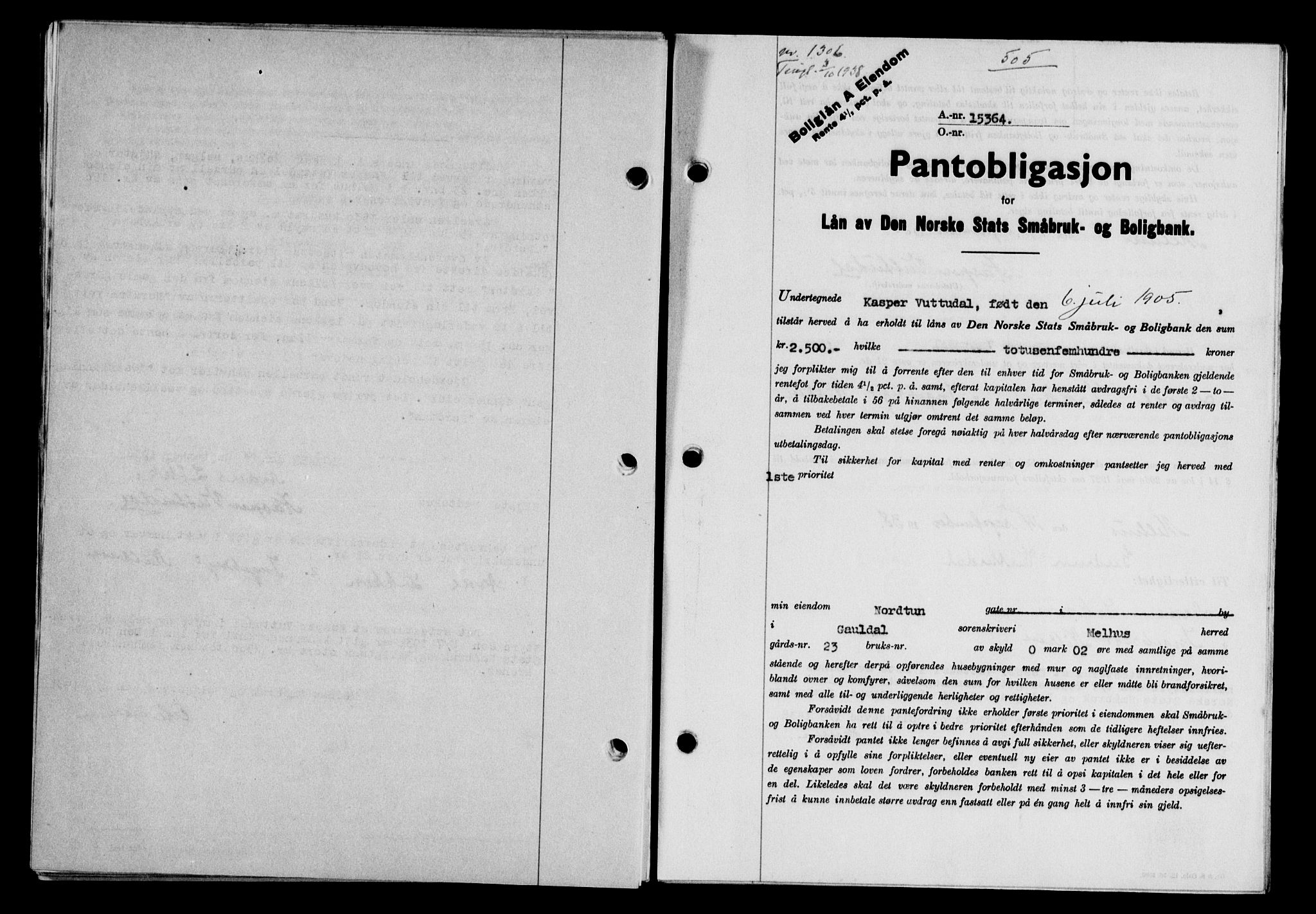 Gauldal sorenskriveri, SAT/A-0014/1/2/2C/L0049: Pantebok nr. 53, 1938-1938, Dagboknr: 1306/1938