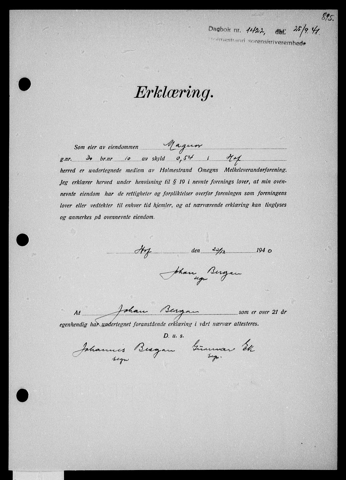 Holmestrand sorenskriveri, SAKO/A-67/G/Ga/Gaa/L0053: Pantebok nr. A-53, 1941-1941, Dagboknr: 1422/1941