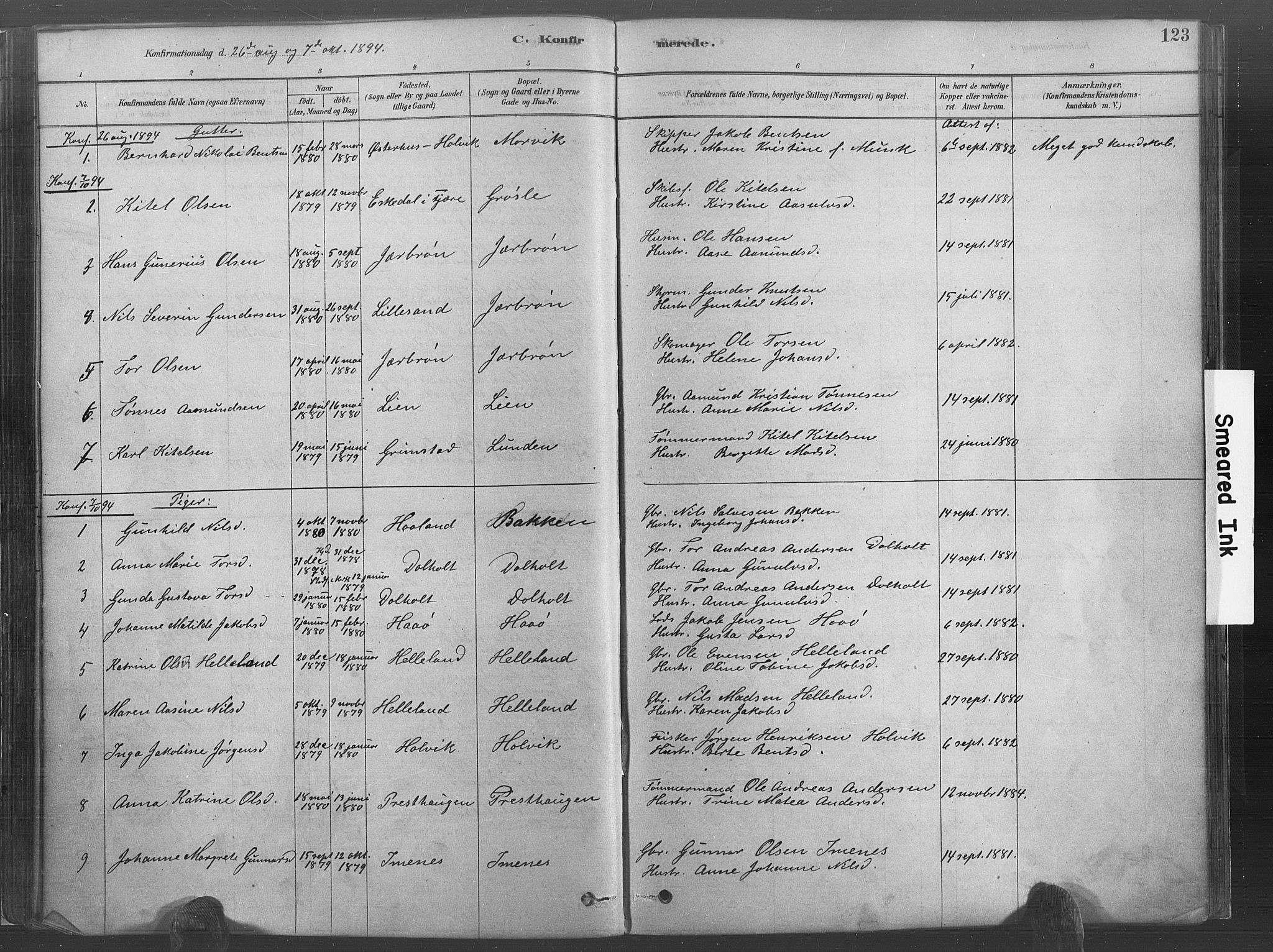 Hommedal sokneprestkontor, AV/SAK-1111-0023/F/Fa/Fab/L0006: Ministerialbok nr. A 6, 1878-1897, s. 123