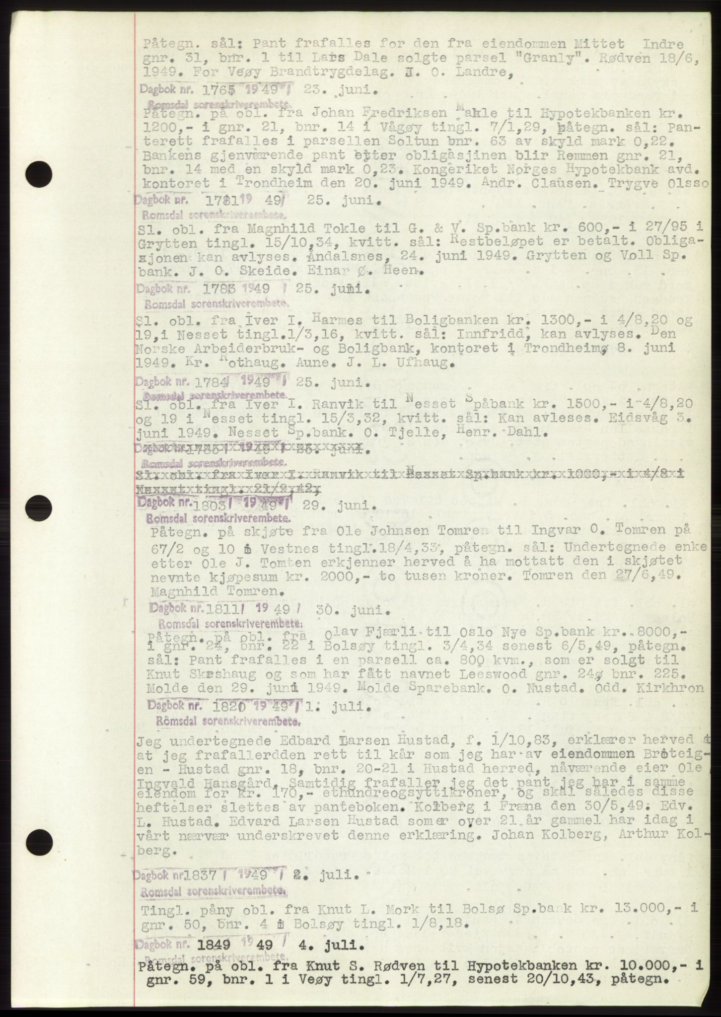 Romsdal sorenskriveri, SAT/A-4149/1/2/2C: Pantebok nr. C2, 1949-1951, Dagboknr: 1765/1949