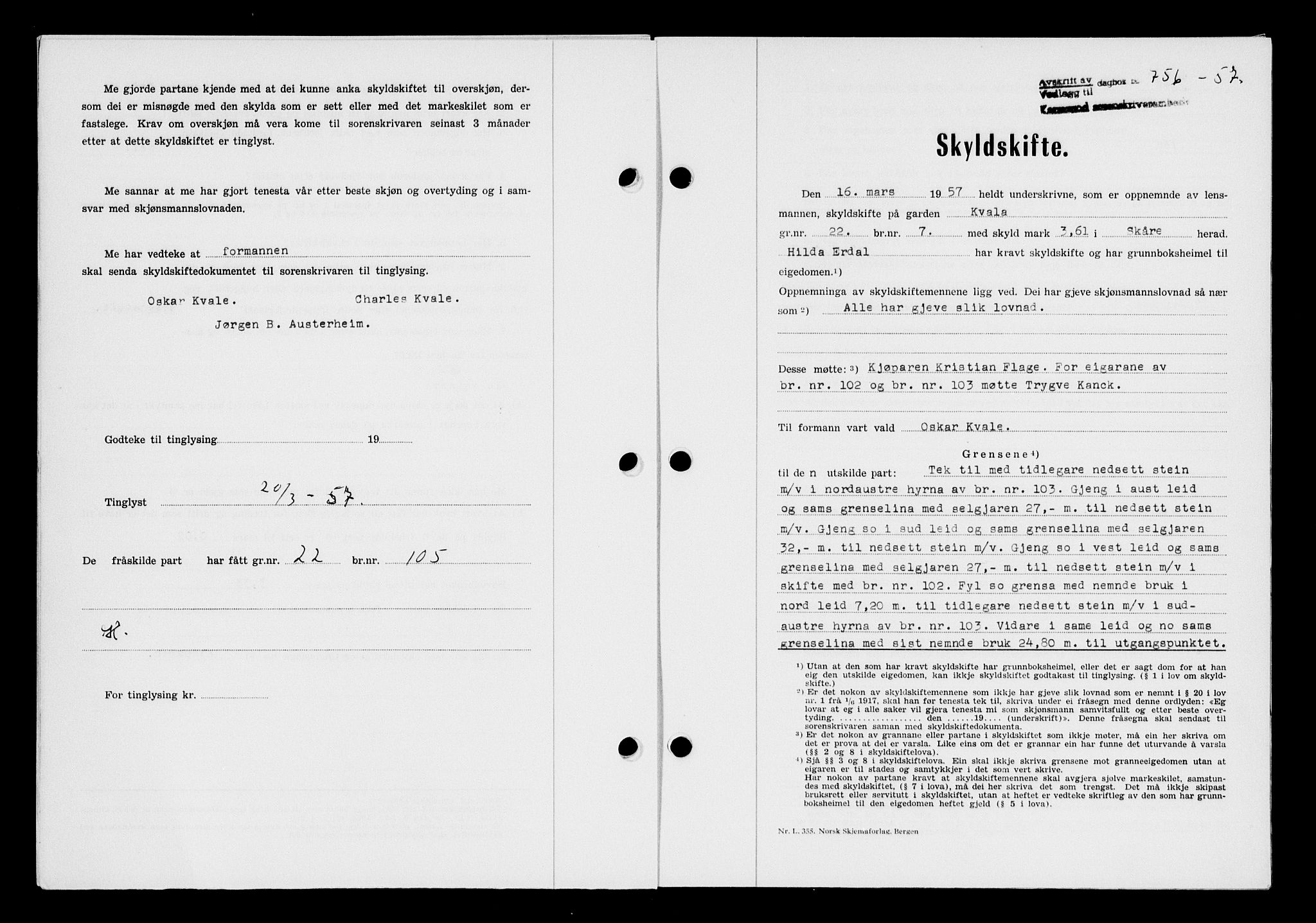 Karmsund sorenskriveri, SAST/A-100311/01/II/IIB/L0124: Pantebok nr. 104A, 1957-1957, Dagboknr: 756/1957