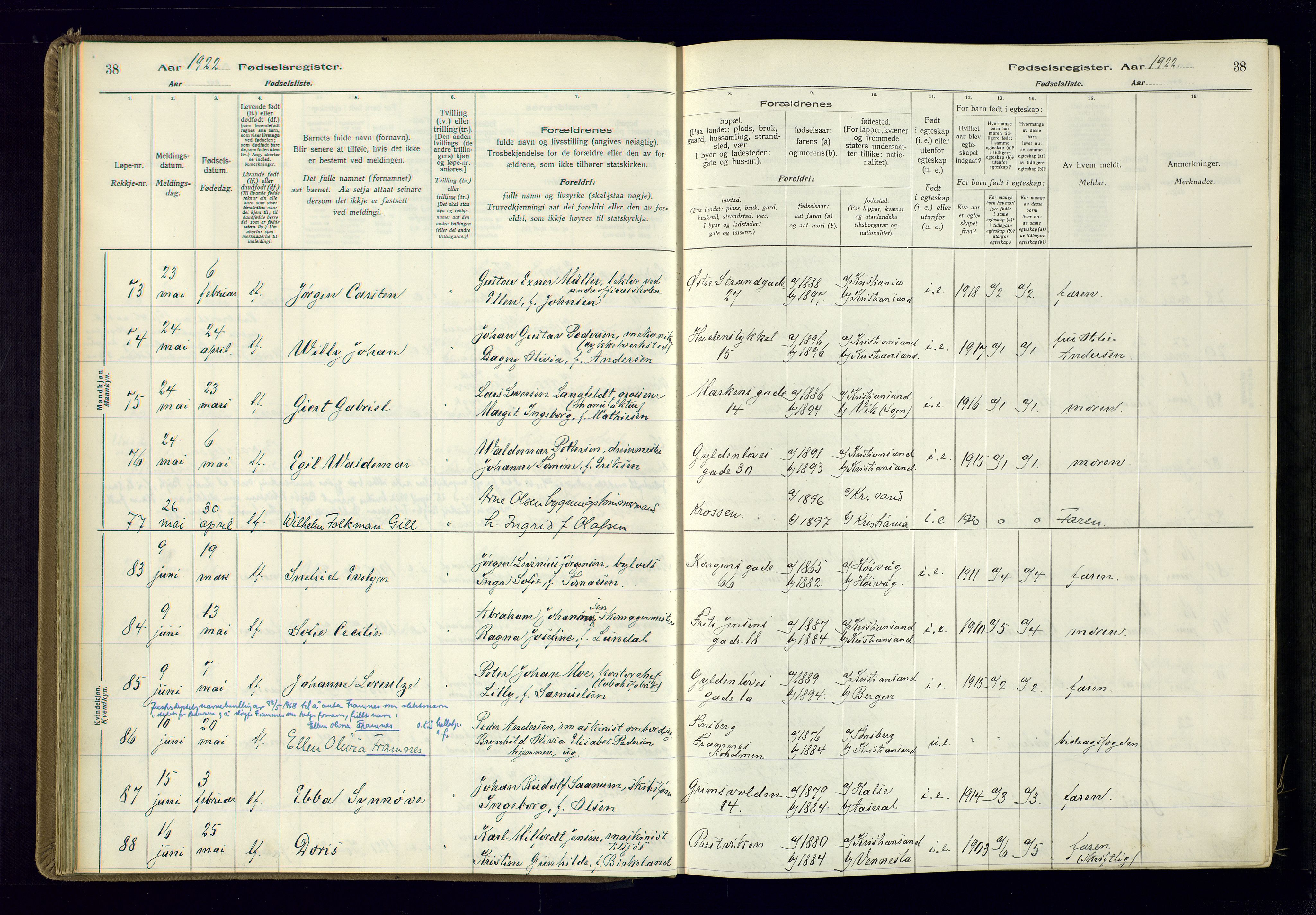 Kristiansand domprosti, AV/SAK-1112-0006/J/Jc/L0002: Fødselsregister nr. A-VI-46, 1921-1926, s. 38