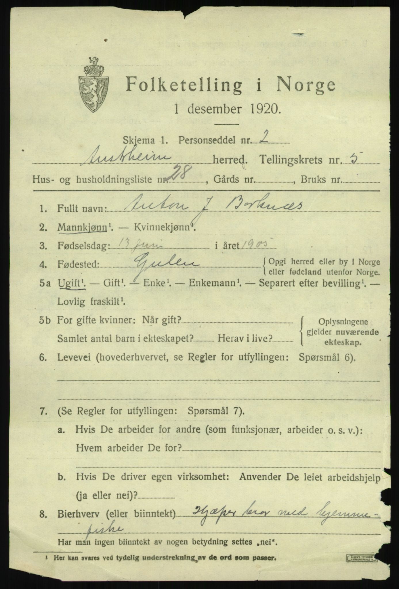 SAB, Folketelling 1920 for 1264 Austrheim herred, 1920, s. 2416