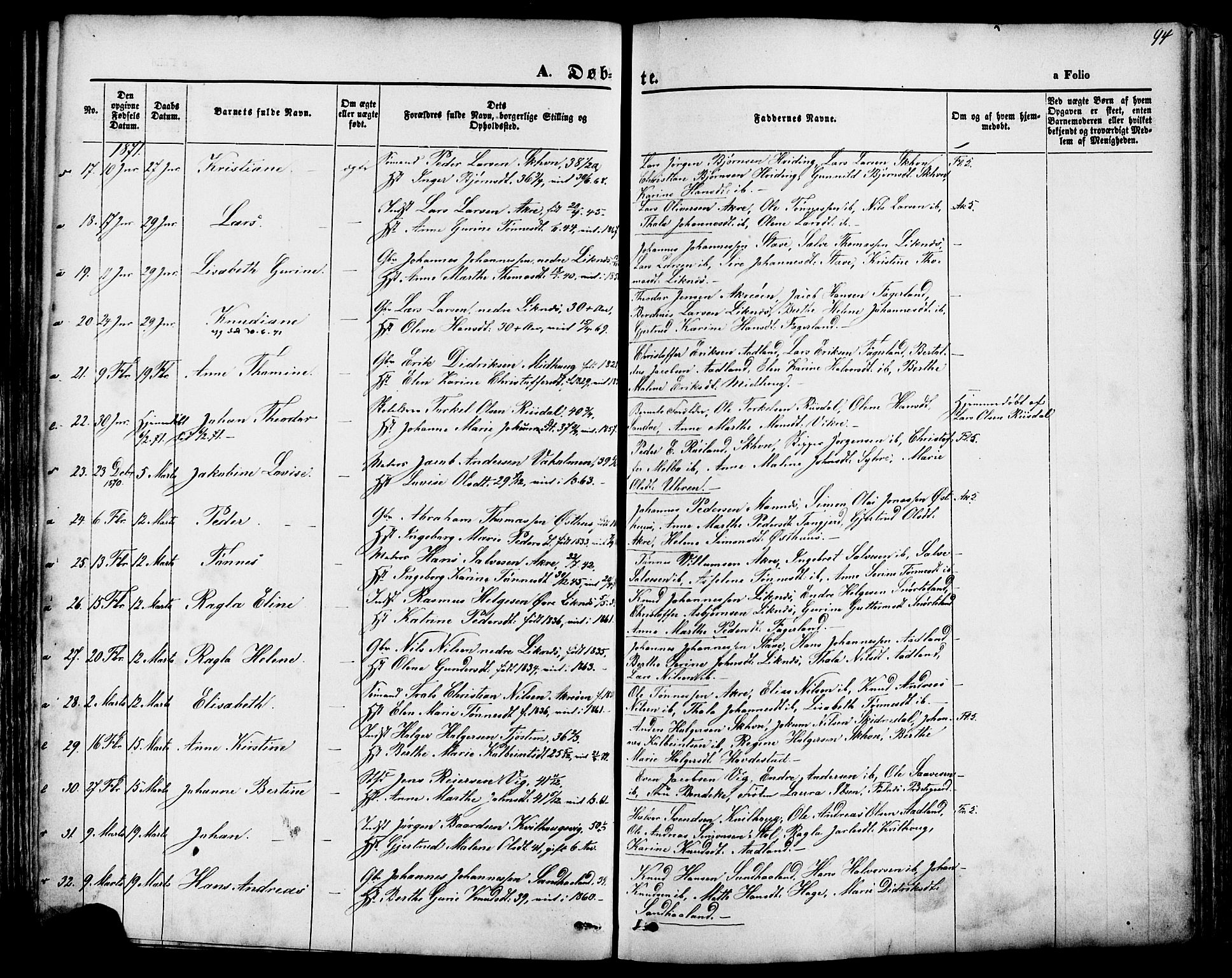 Skudenes sokneprestkontor, AV/SAST-A -101849/H/Ha/Haa/L0006: Ministerialbok nr. A 4, 1864-1881, s. 94