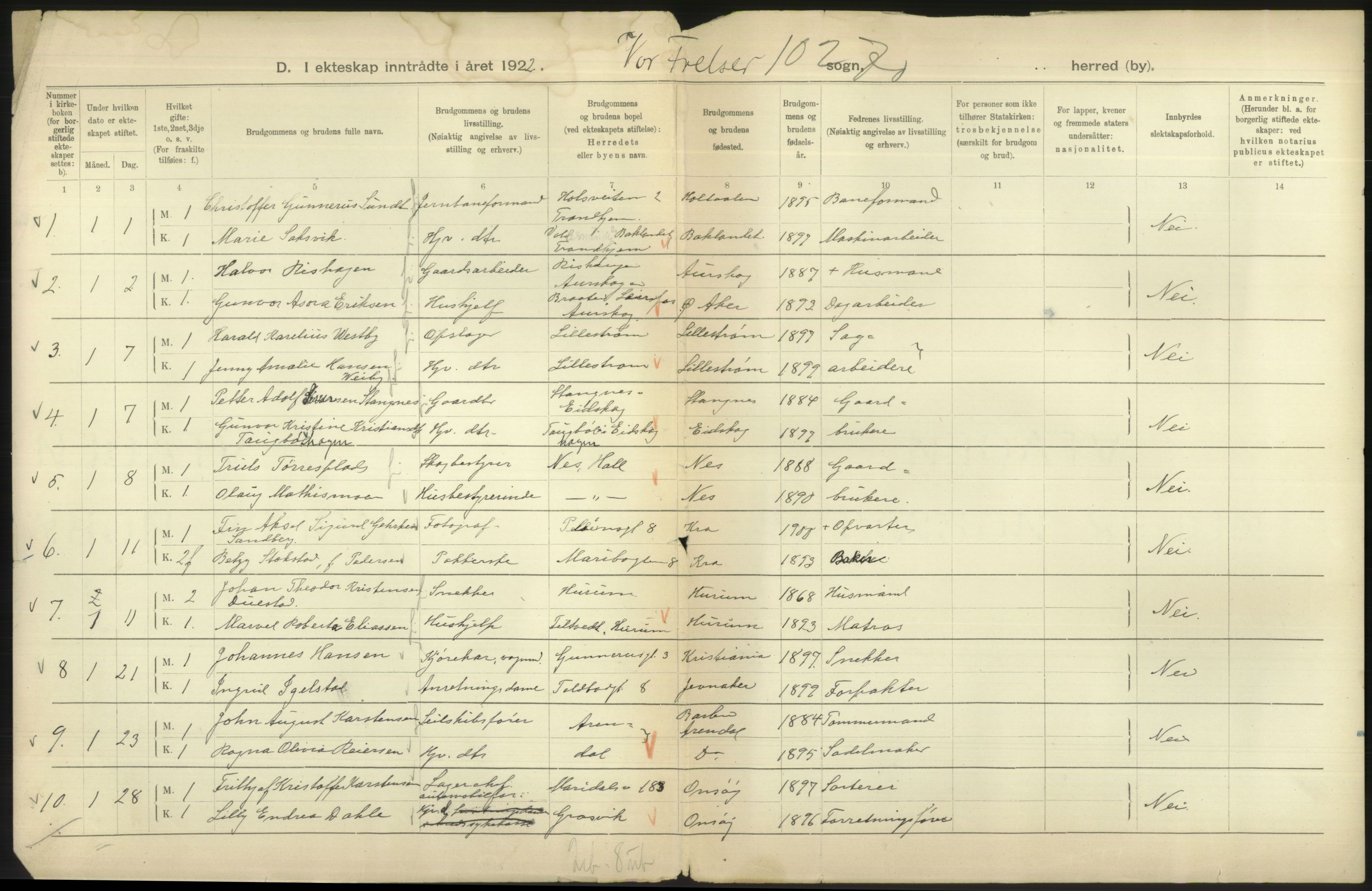 Statistisk sentralbyrå, Sosiodemografiske emner, Befolkning, RA/S-2228/D/Df/Dfc/Dfcb/L0008: Kristiania: Gifte, 1922, s. 130