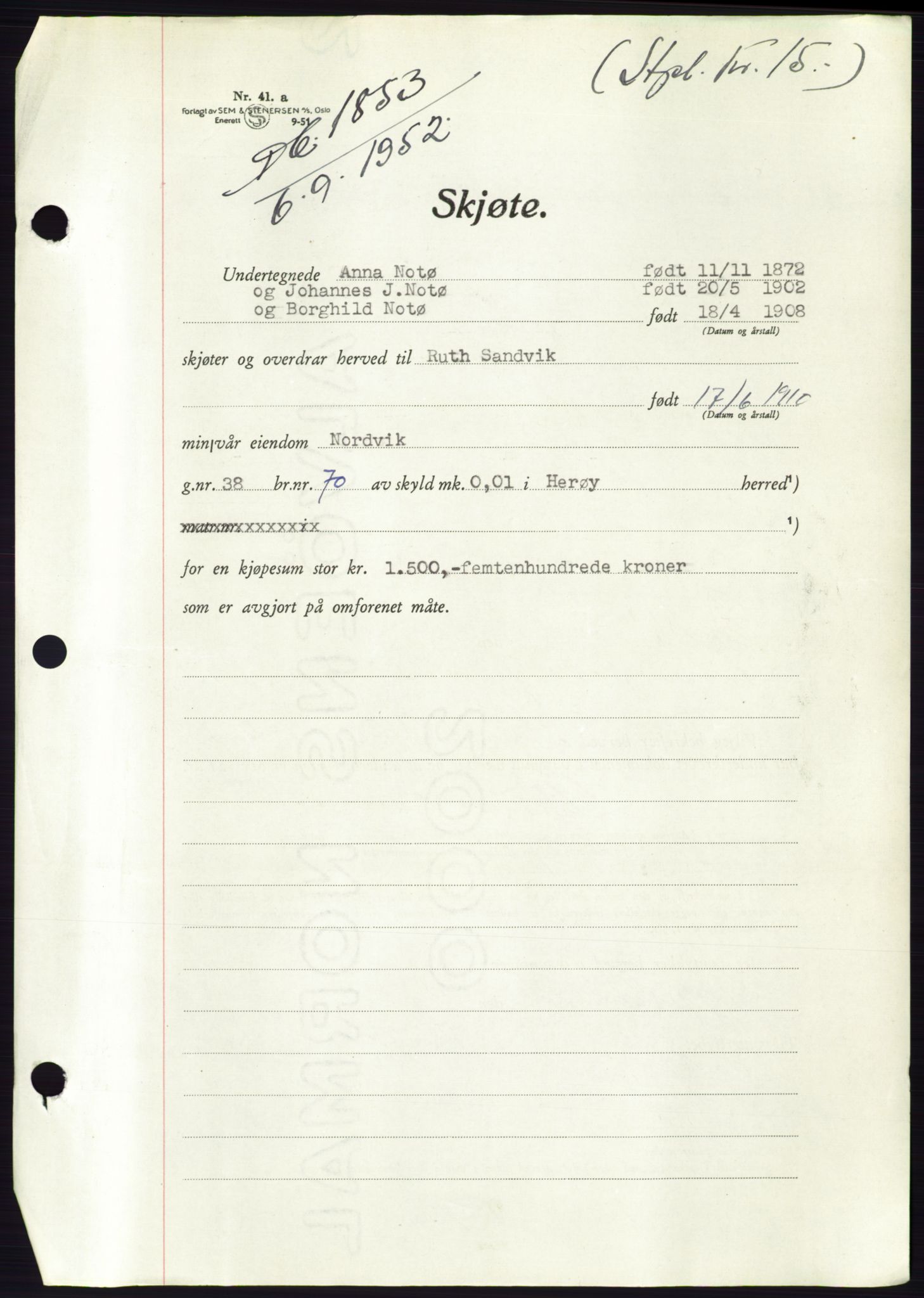 Søre Sunnmøre sorenskriveri, AV/SAT-A-4122/1/2/2C/L0092: Pantebok nr. 18A, 1952-1952, Dagboknr: 1853/1952