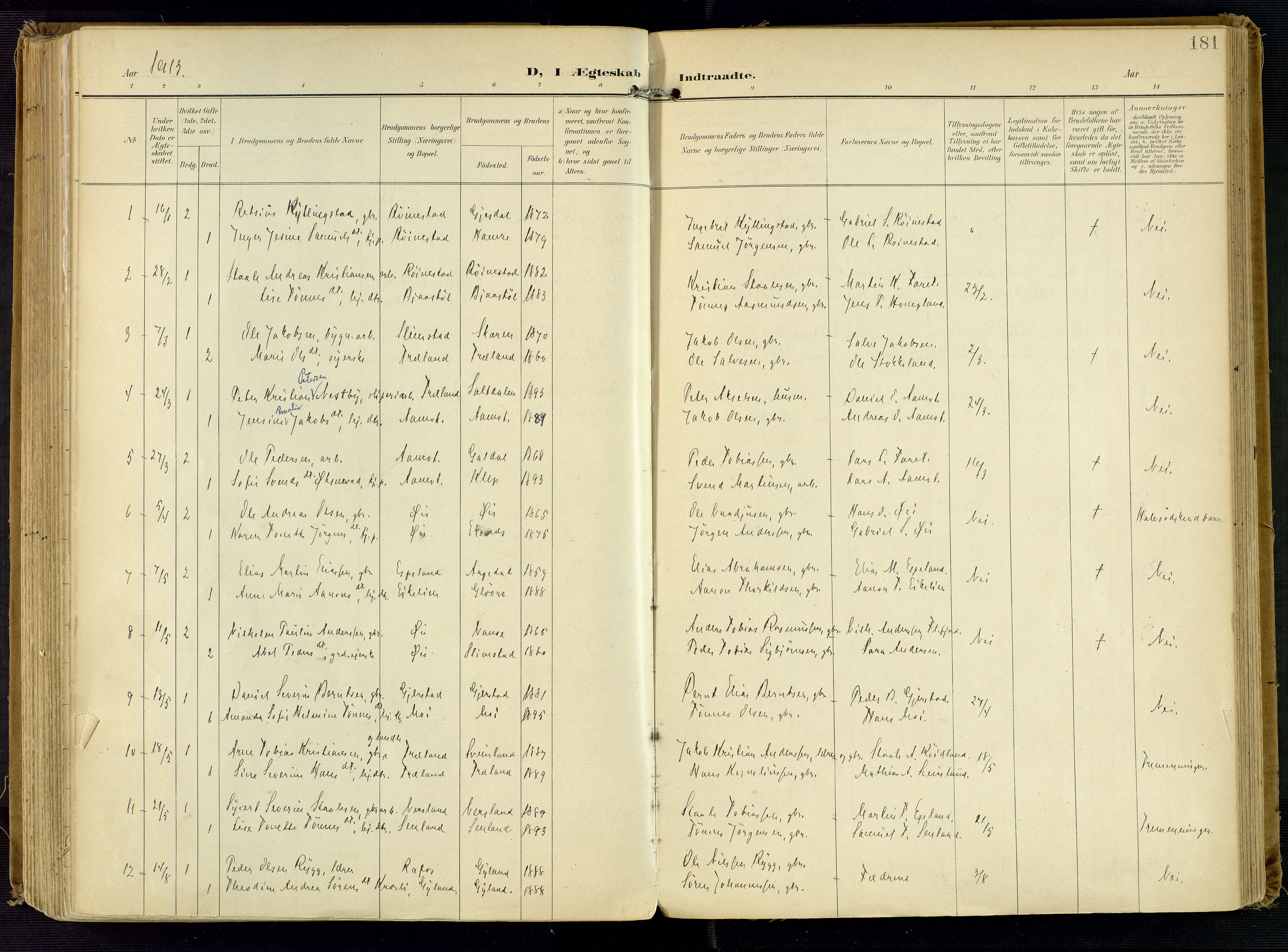 Kvinesdal sokneprestkontor, SAK/1111-0026/F/Fa/Fab/L0009: Ministerialbok nr. A 9, 1898-1915, s. 181
