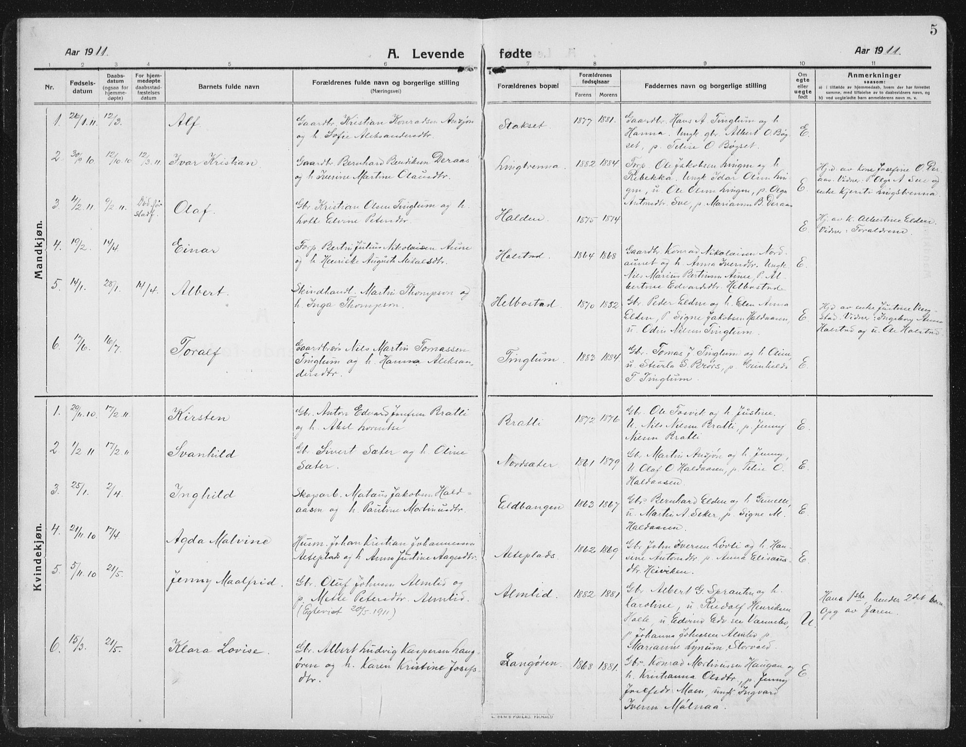 Ministerialprotokoller, klokkerbøker og fødselsregistre - Nord-Trøndelag, AV/SAT-A-1458/742/L0413: Klokkerbok nr. 742C04, 1911-1938, s. 5