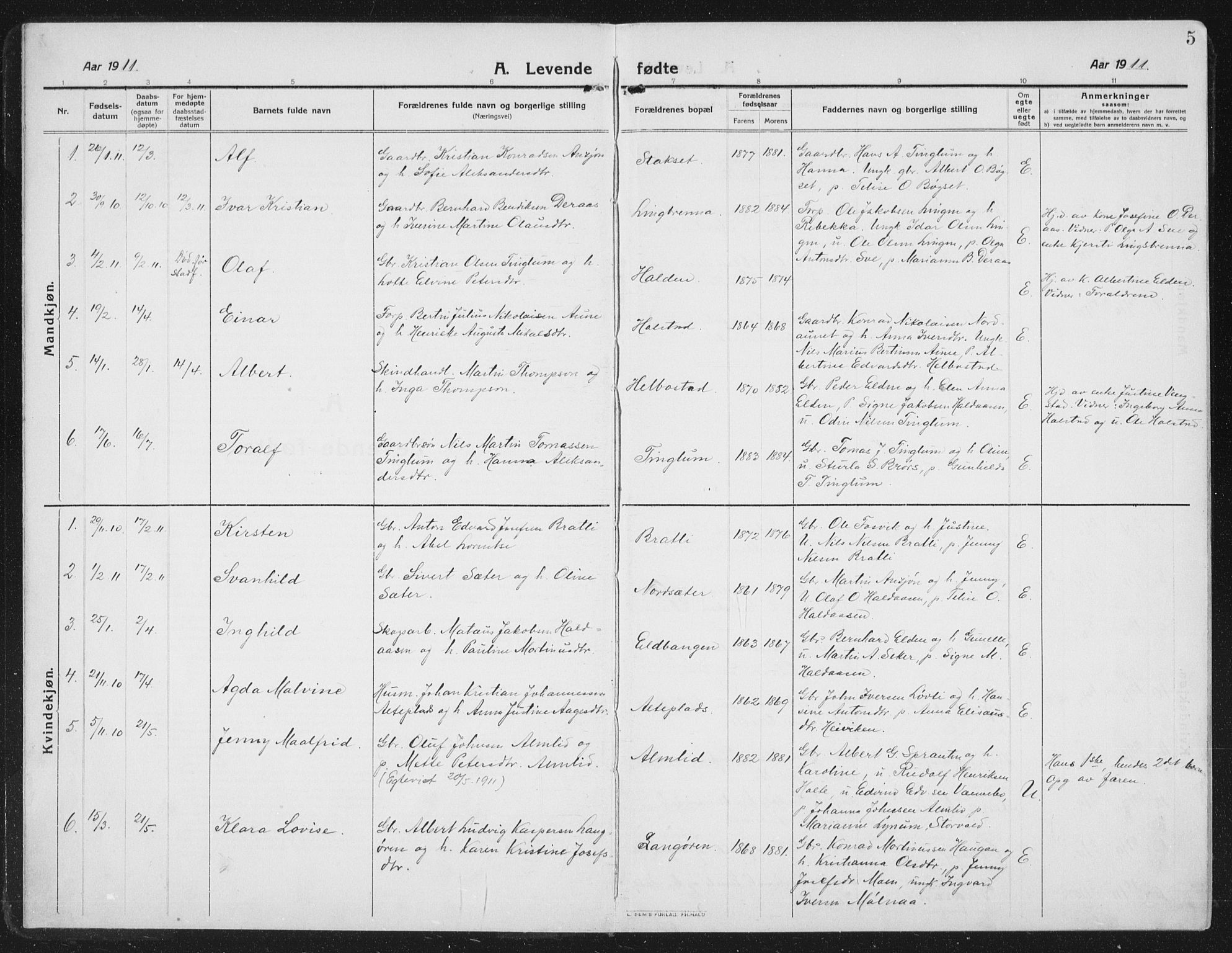 Ministerialprotokoller, klokkerbøker og fødselsregistre - Nord-Trøndelag, SAT/A-1458/742/L0413: Klokkerbok nr. 742C04, 1911-1938, s. 5