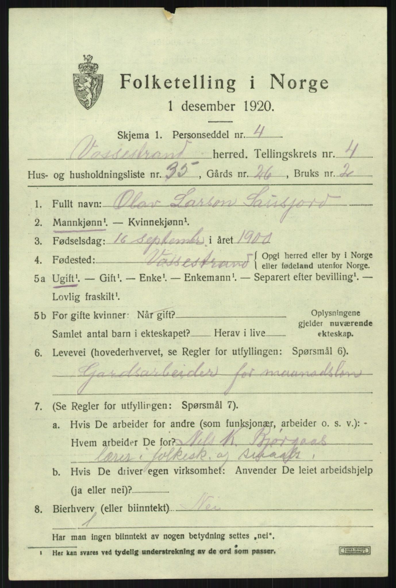 SAB, Folketelling 1920 for 1236 Vossestrand herred, 1920, s. 2366