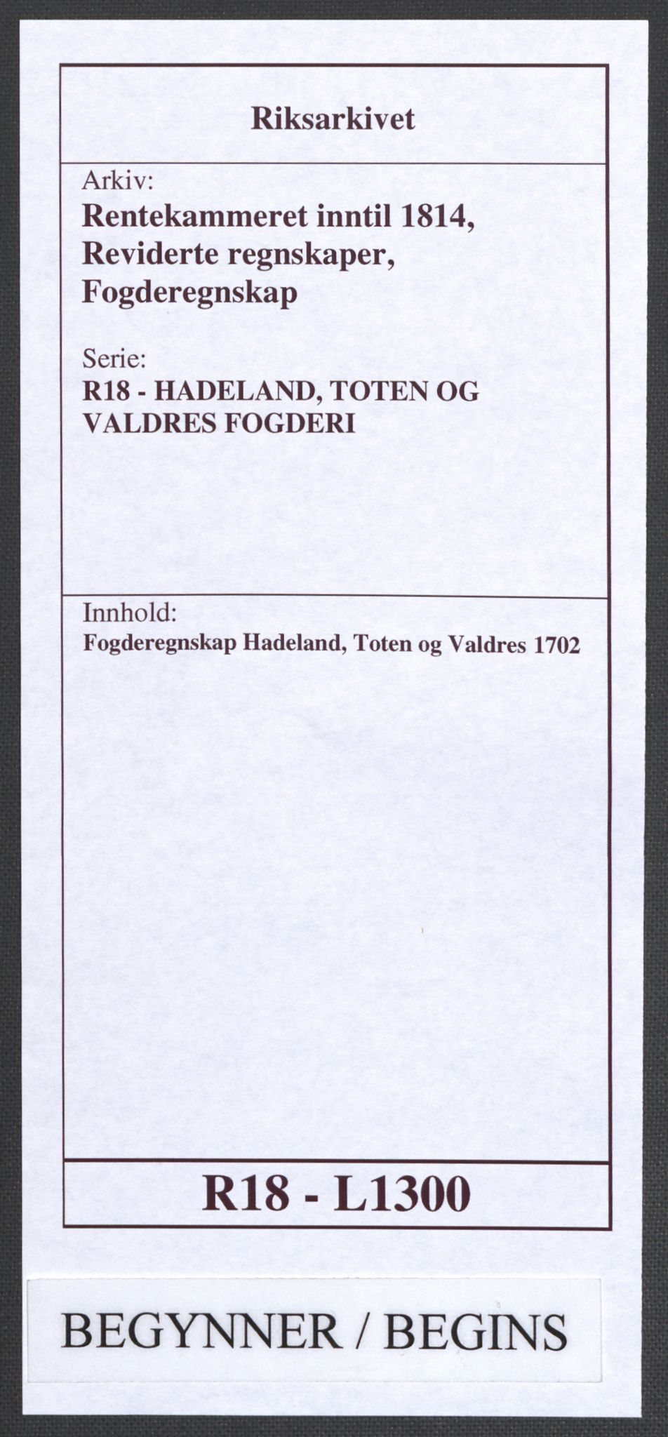 Rentekammeret inntil 1814, Reviderte regnskaper, Fogderegnskap, AV/RA-EA-4092/R18/L1300: Fogderegnskap Hadeland, Toten og Valdres, 1702, s. 1