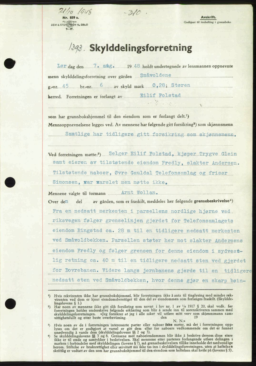 Gauldal sorenskriveri, SAT/A-0014/1/2/2C: Pantebok nr. A6, 1948-1948, Dagboknr: 1393/1948
