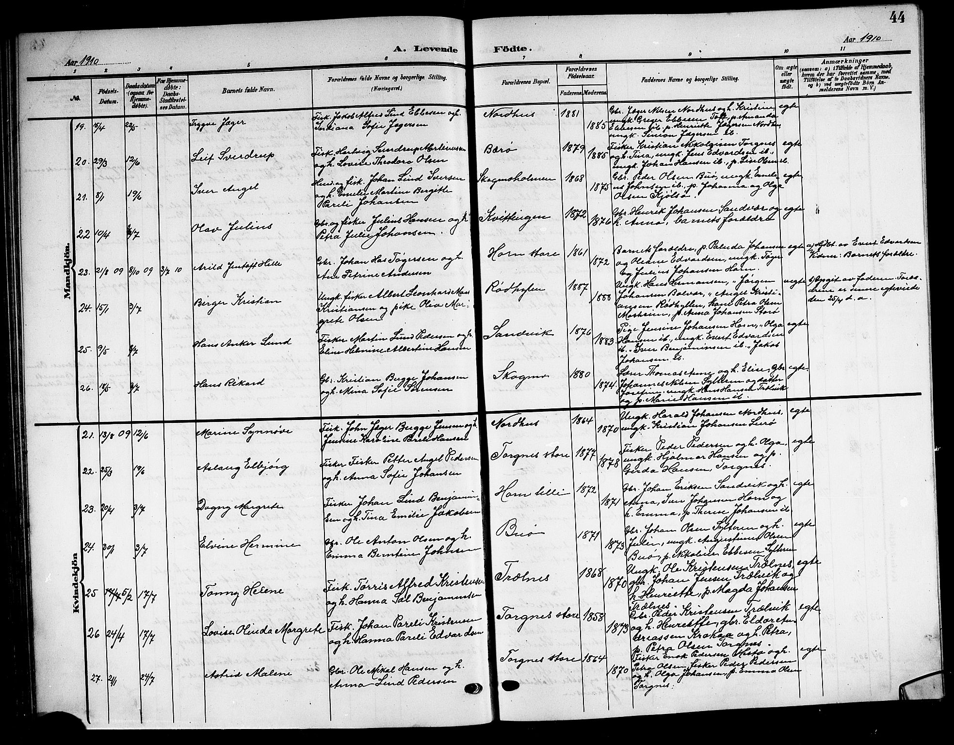 Ministerialprotokoller, klokkerbøker og fødselsregistre - Nordland, SAT/A-1459/813/L0214: Klokkerbok nr. 813C06, 1904-1917, s. 44