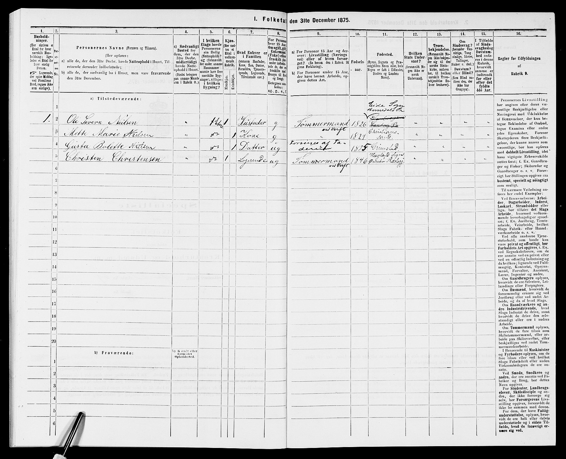 SAK, Folketelling 1875 for 0905B Vestre Moland prestegjeld, Lillesand ladested, 1875, s. 182