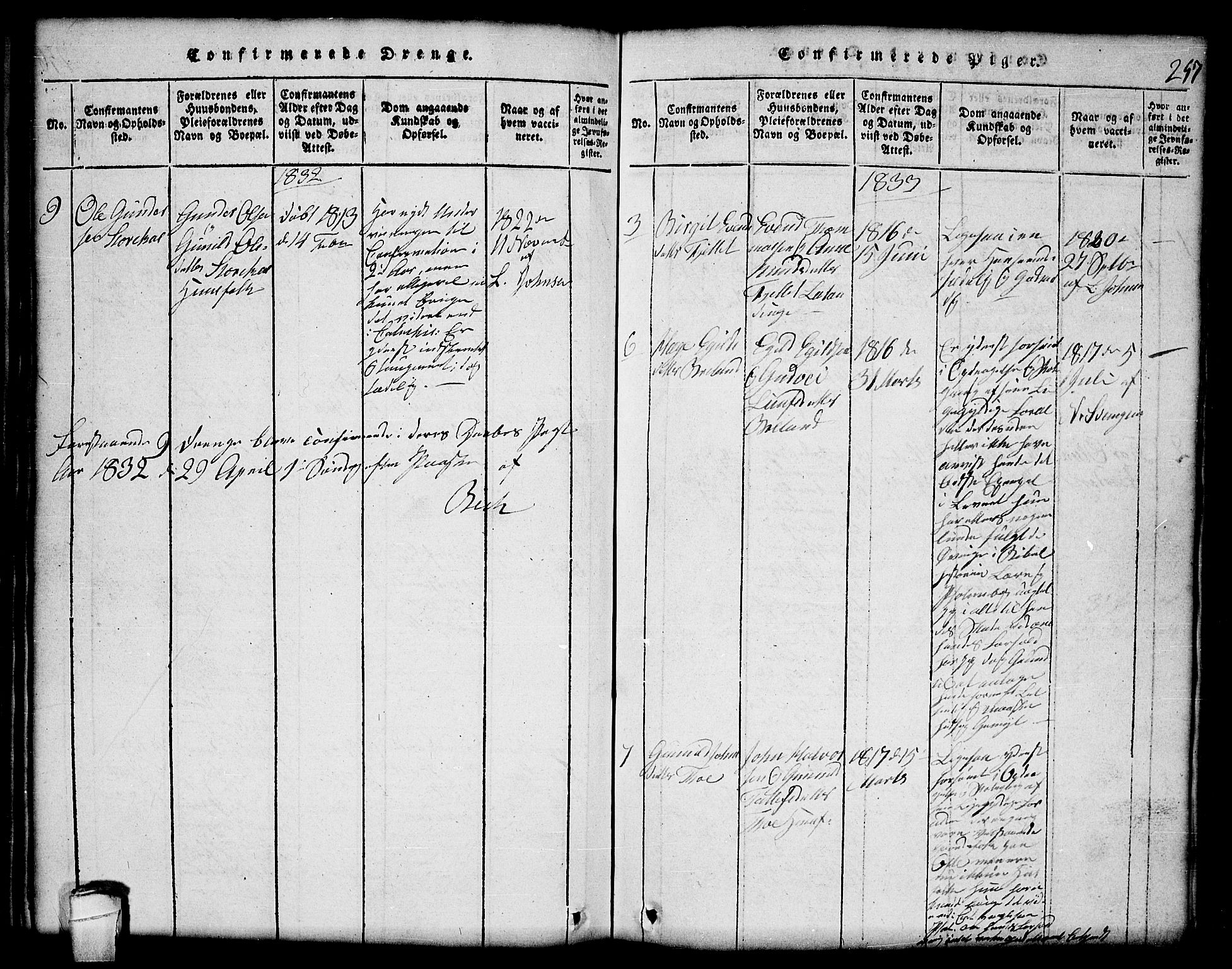 Lårdal kirkebøker, AV/SAKO-A-284/G/Gc/L0001: Klokkerbok nr. III 1, 1815-1854, s. 257