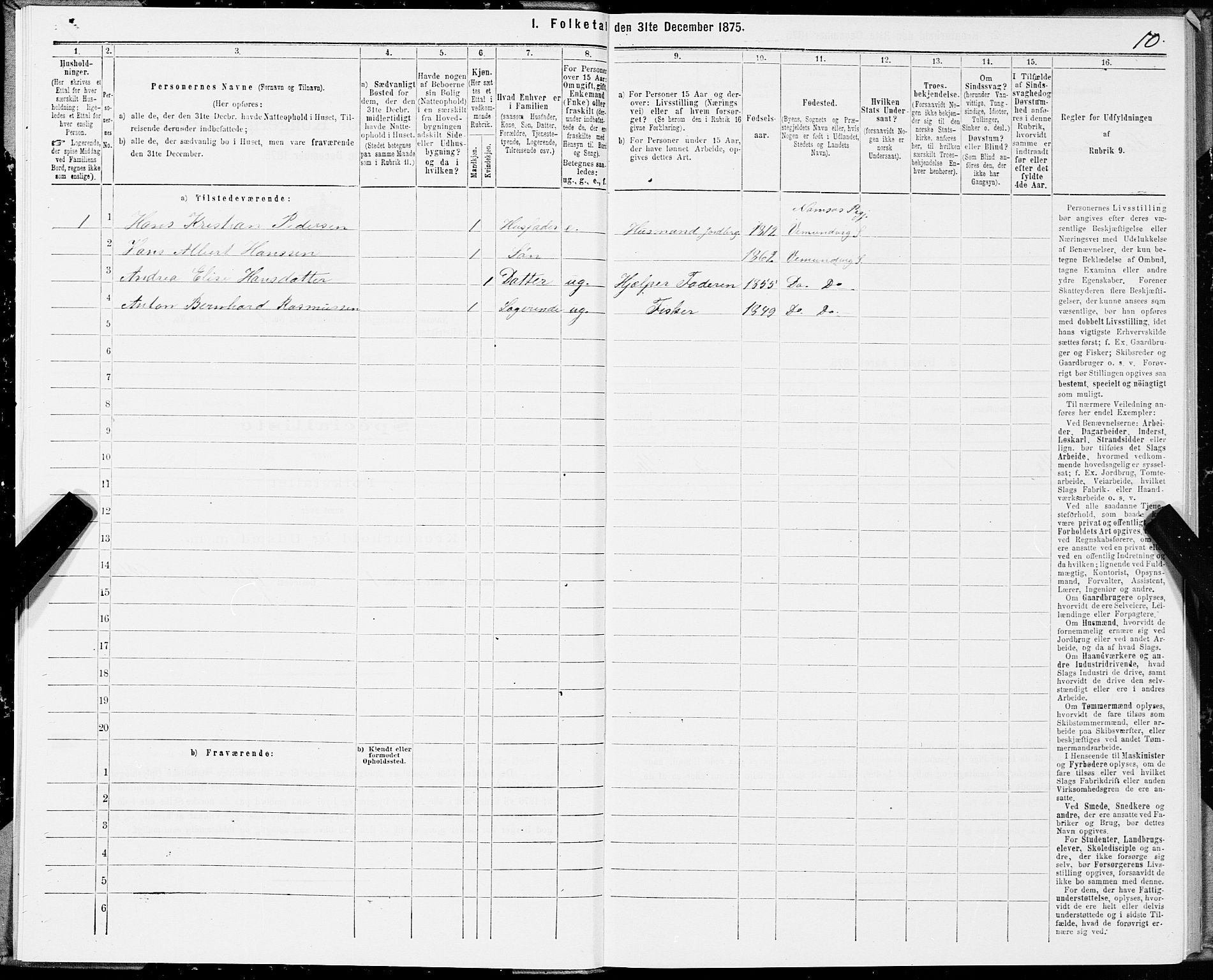 SAT, Folketelling 1875 for 1745L Namsos prestegjeld, Vemundvik sokn og Sævik sokn, 1875, s. 1010