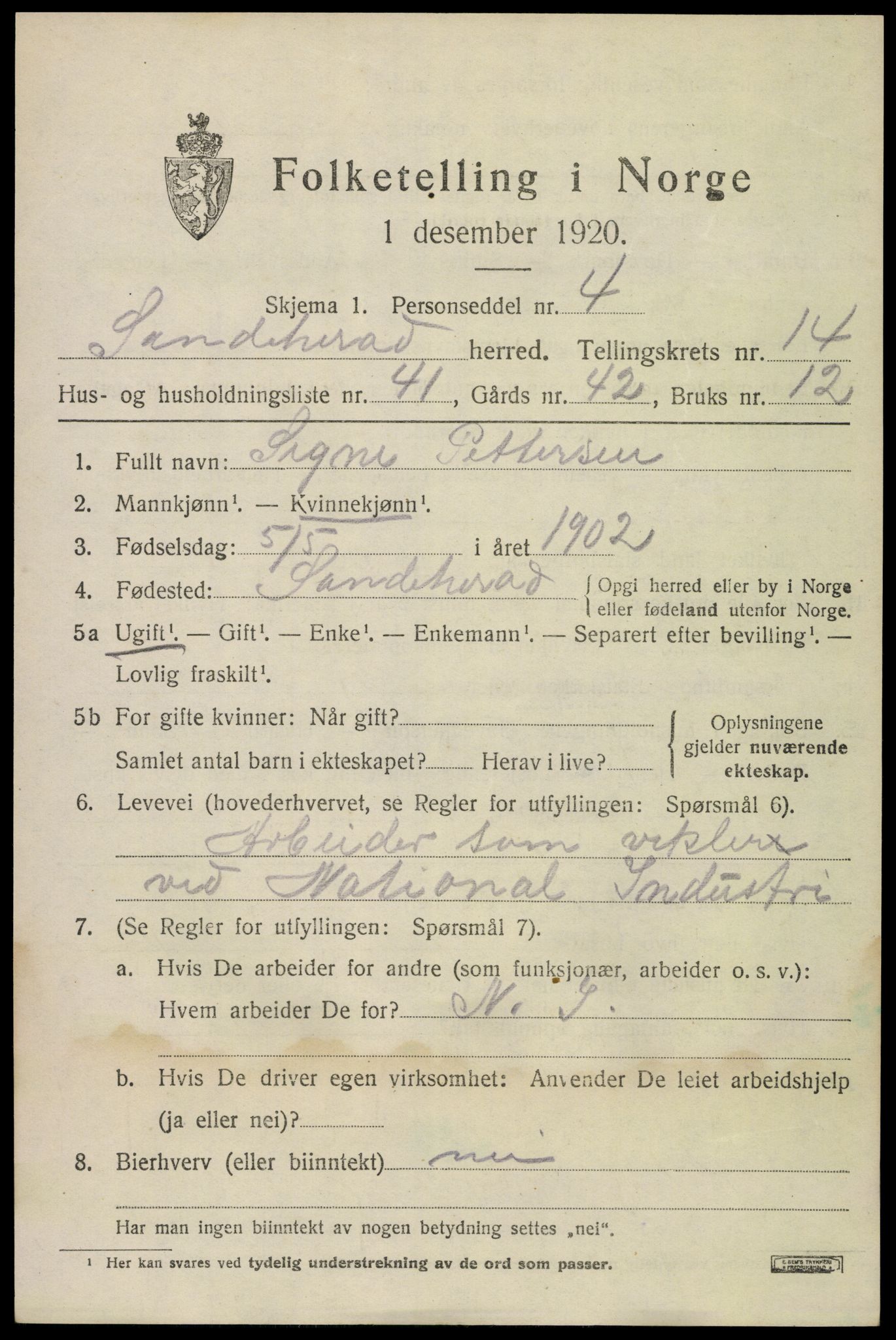 SAKO, Folketelling 1920 for 0724 Sandeherred herred, 1920, s. 20742