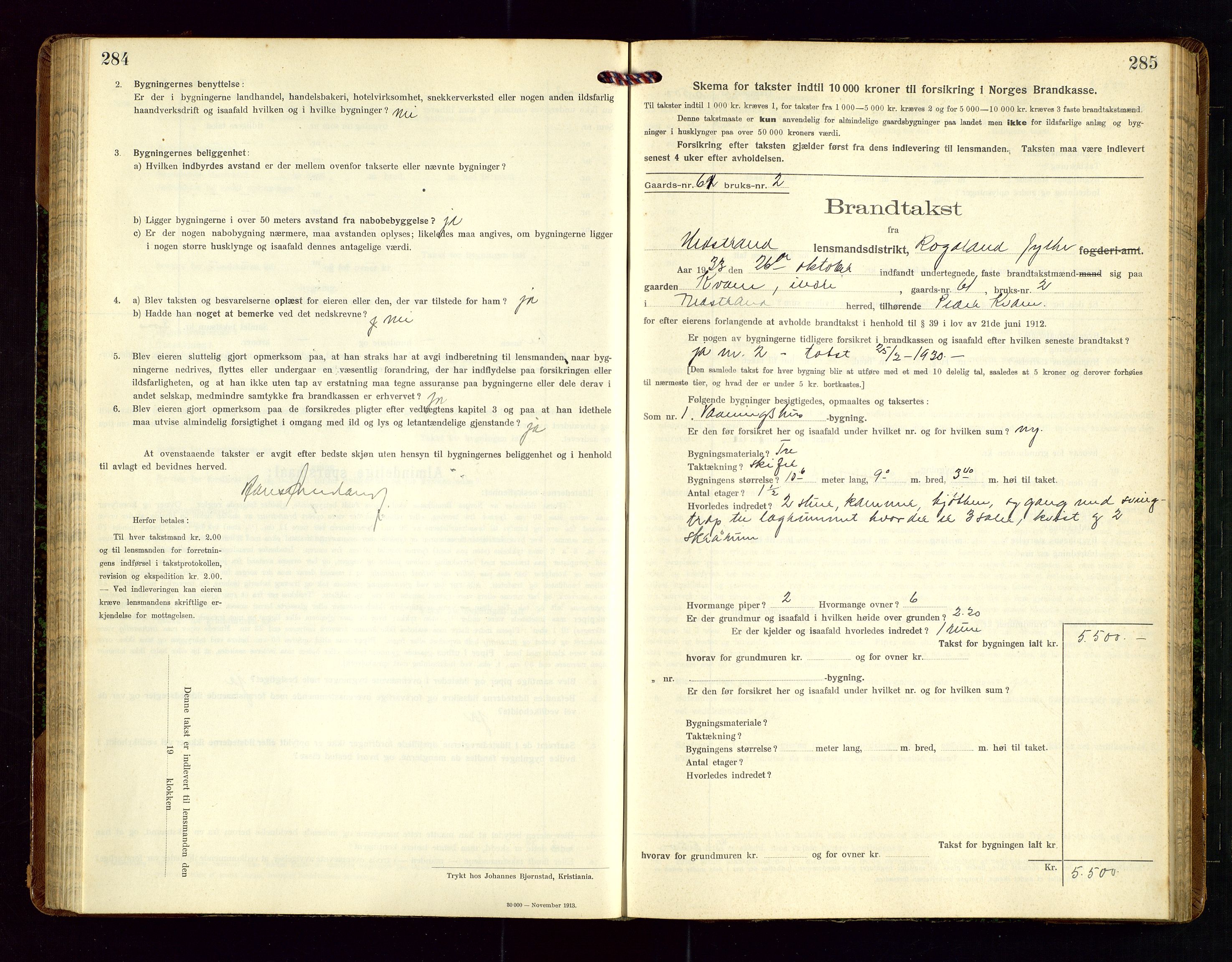 Nedstrand lensmannskontor, SAST/A-100236/Gob/L0002: "Brandtakstprotokol for Nerstrand lensmandsdistrikt Rogaland Fylke", 1916-1949, s. 284-285