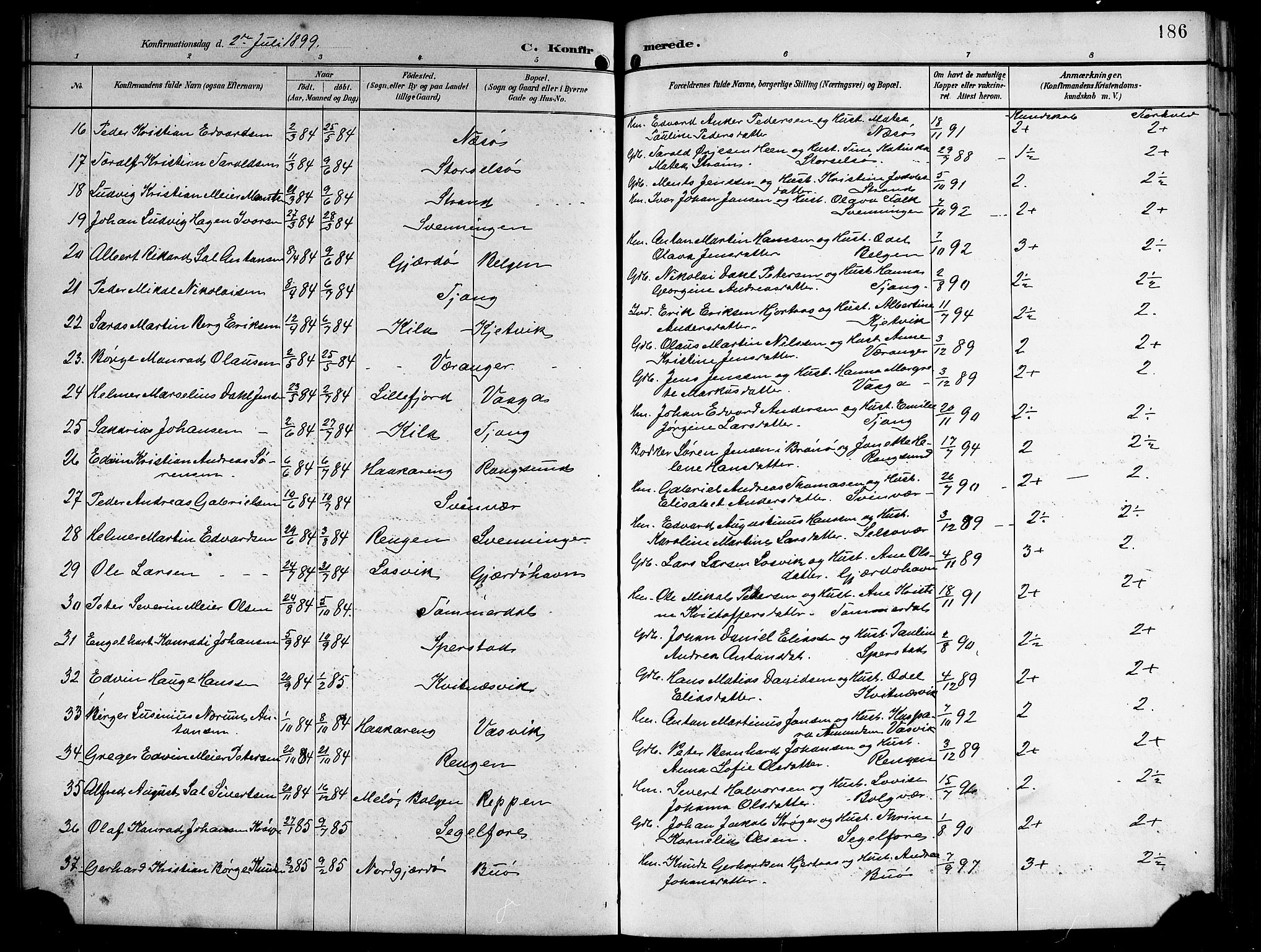 Ministerialprotokoller, klokkerbøker og fødselsregistre - Nordland, SAT/A-1459/841/L0621: Klokkerbok nr. 841C05, 1897-1923, s. 186