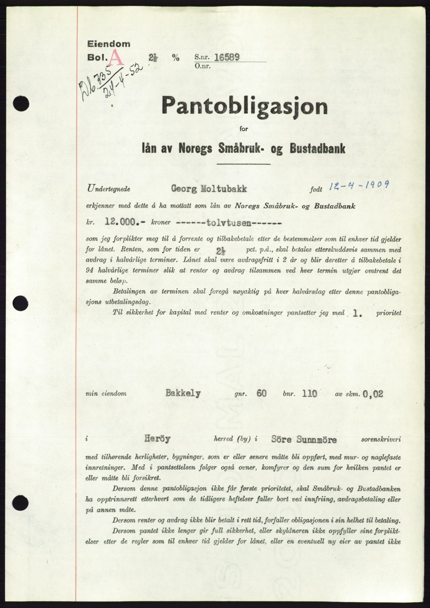 Søre Sunnmøre sorenskriveri, AV/SAT-A-4122/1/2/2C/L0121: Pantebok nr. 9B, 1951-1952, Dagboknr: 735/1952