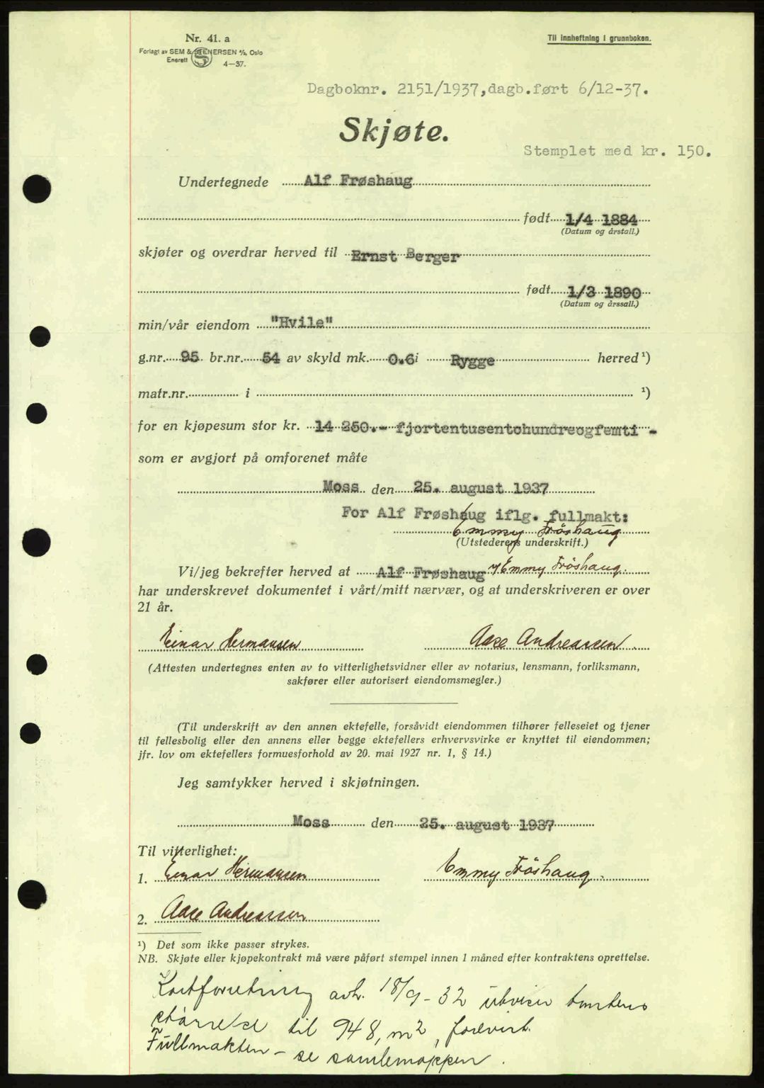 Moss sorenskriveri, SAO/A-10168: Pantebok nr. A3, 1937-1938, Dagboknr: 2151/1937