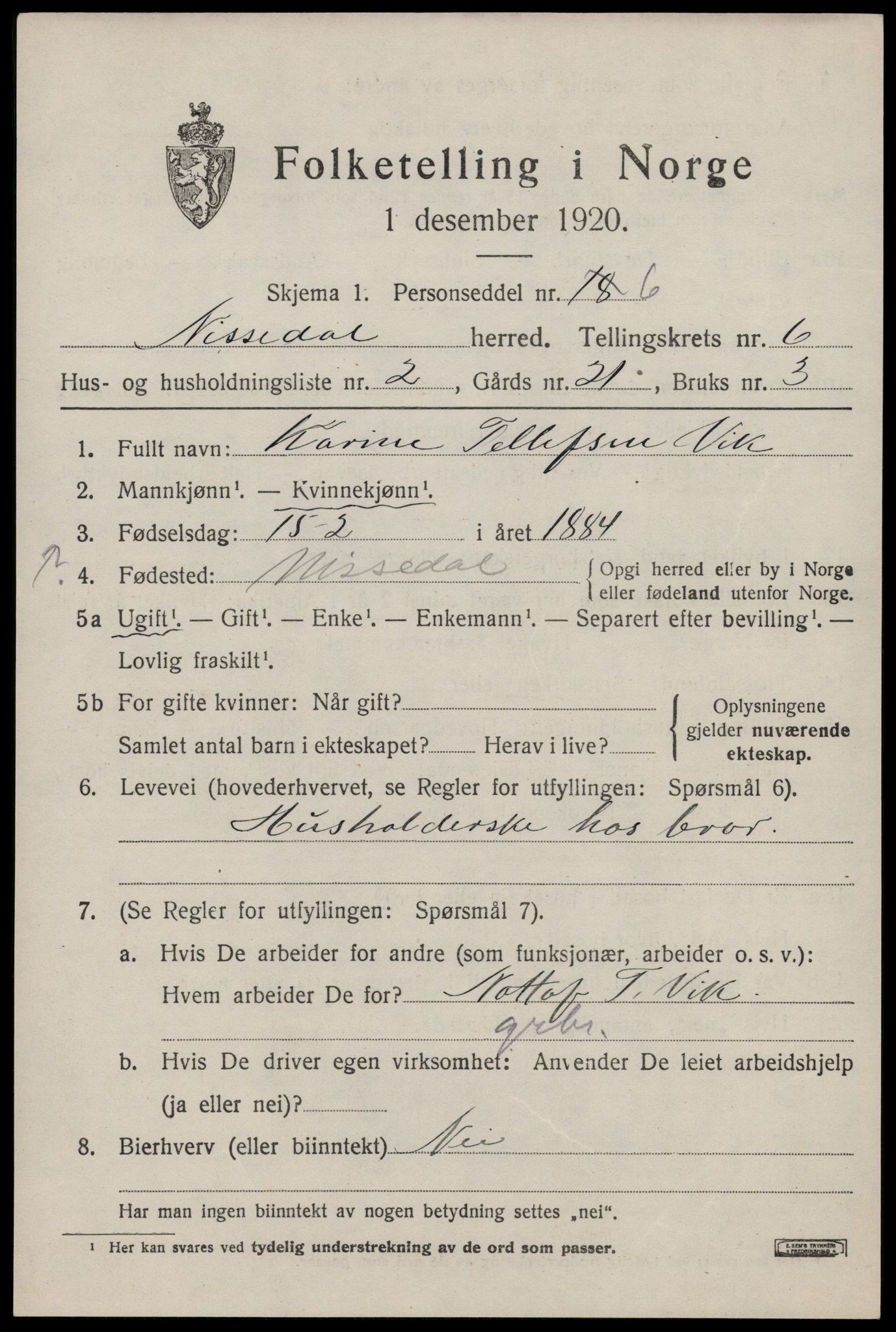 SAKO, Folketelling 1920 for 0830 Nissedal herred, 1920, s. 2305