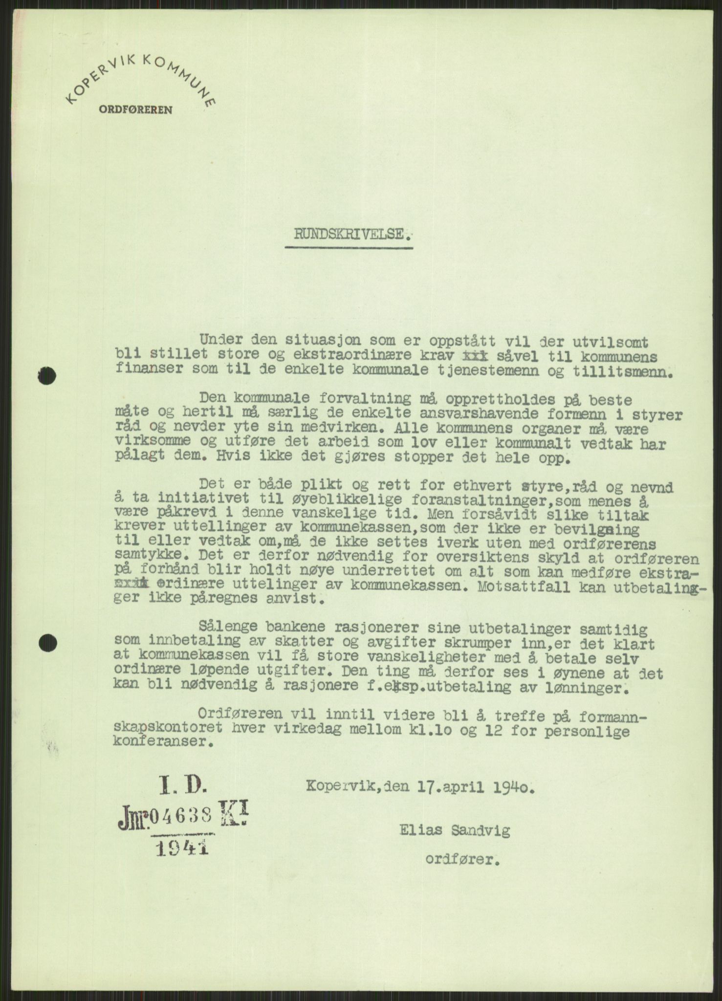 Forsvaret, Forsvarets krigshistoriske avdeling, AV/RA-RAFA-2017/Y/Ya/L0015: II-C-11-31 - Fylkesmenn.  Rapporter om krigsbegivenhetene 1940., 1940, s. 109