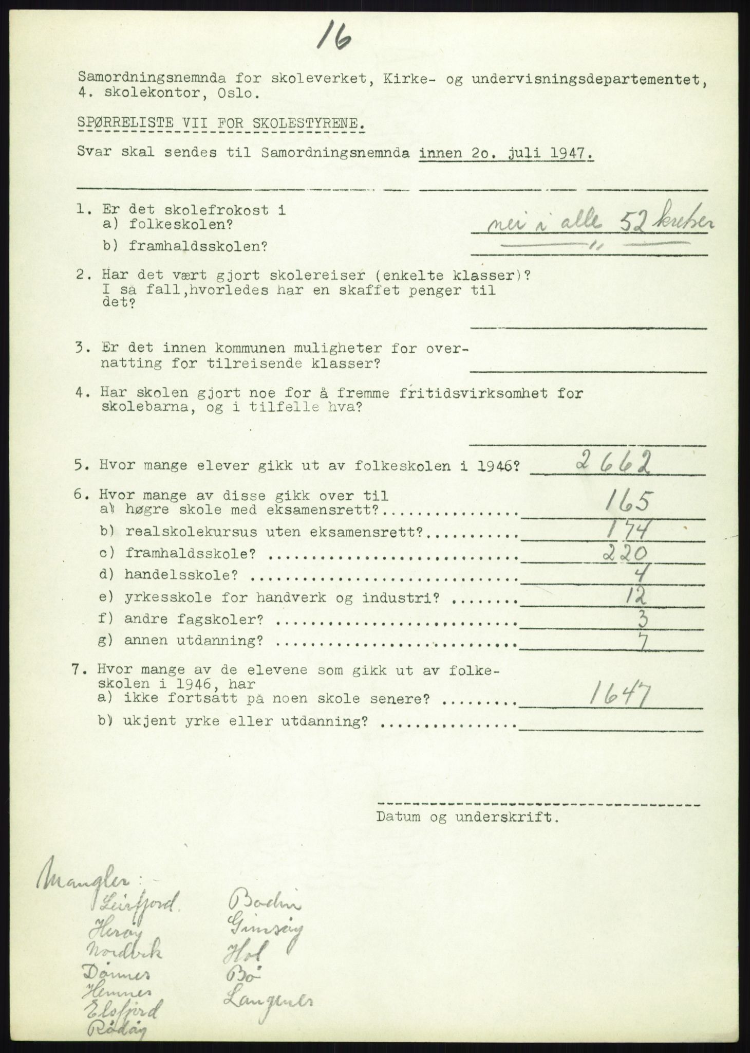 Kirke- og undervisningsdepartementet, Samordningsnemnda for skoleverket, AV/RA-S-1146/D/L0008: Svar på spørreskjema fra kommuner i Nord-Trøndelag, Nordland, Troms og Finnmark, 1947, s. 521